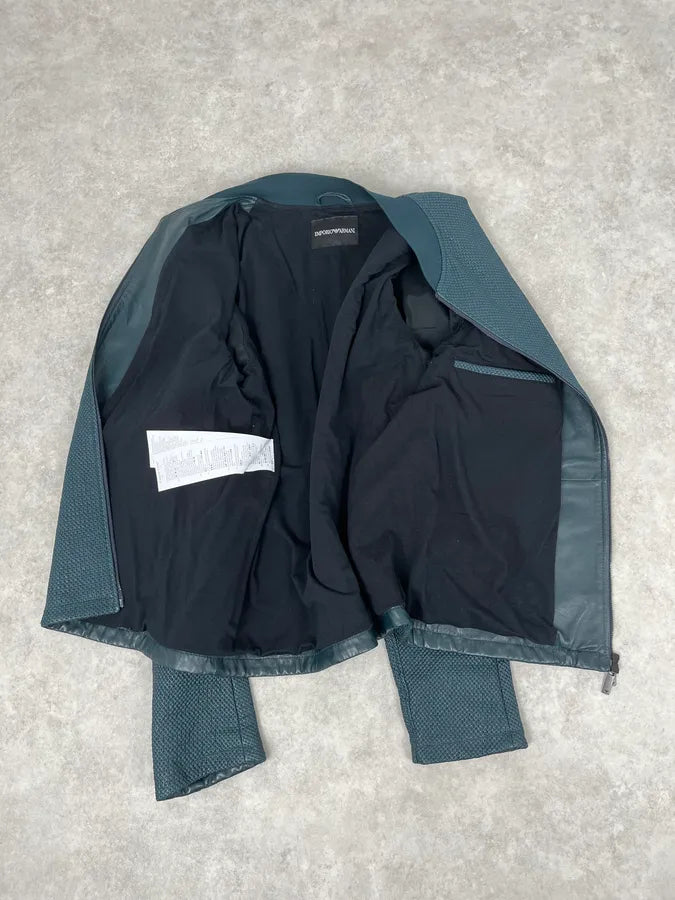 SS2015 Emporio Armani Green Waffled Leather Biker Jacket nGwqedb 7