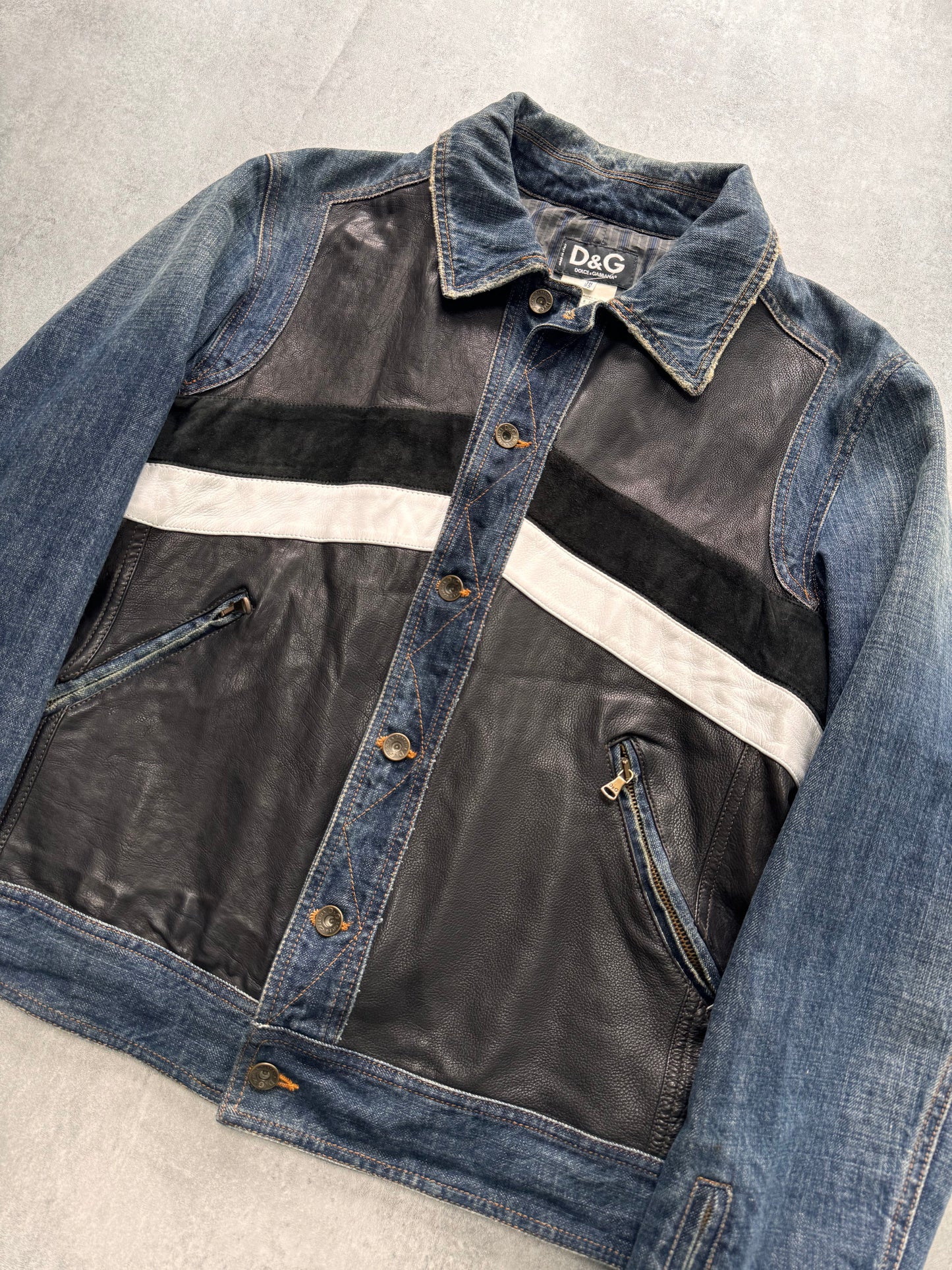 FW2005 Dolce & Gabbana Racer Hybrid Denim Leather Jacket (L)