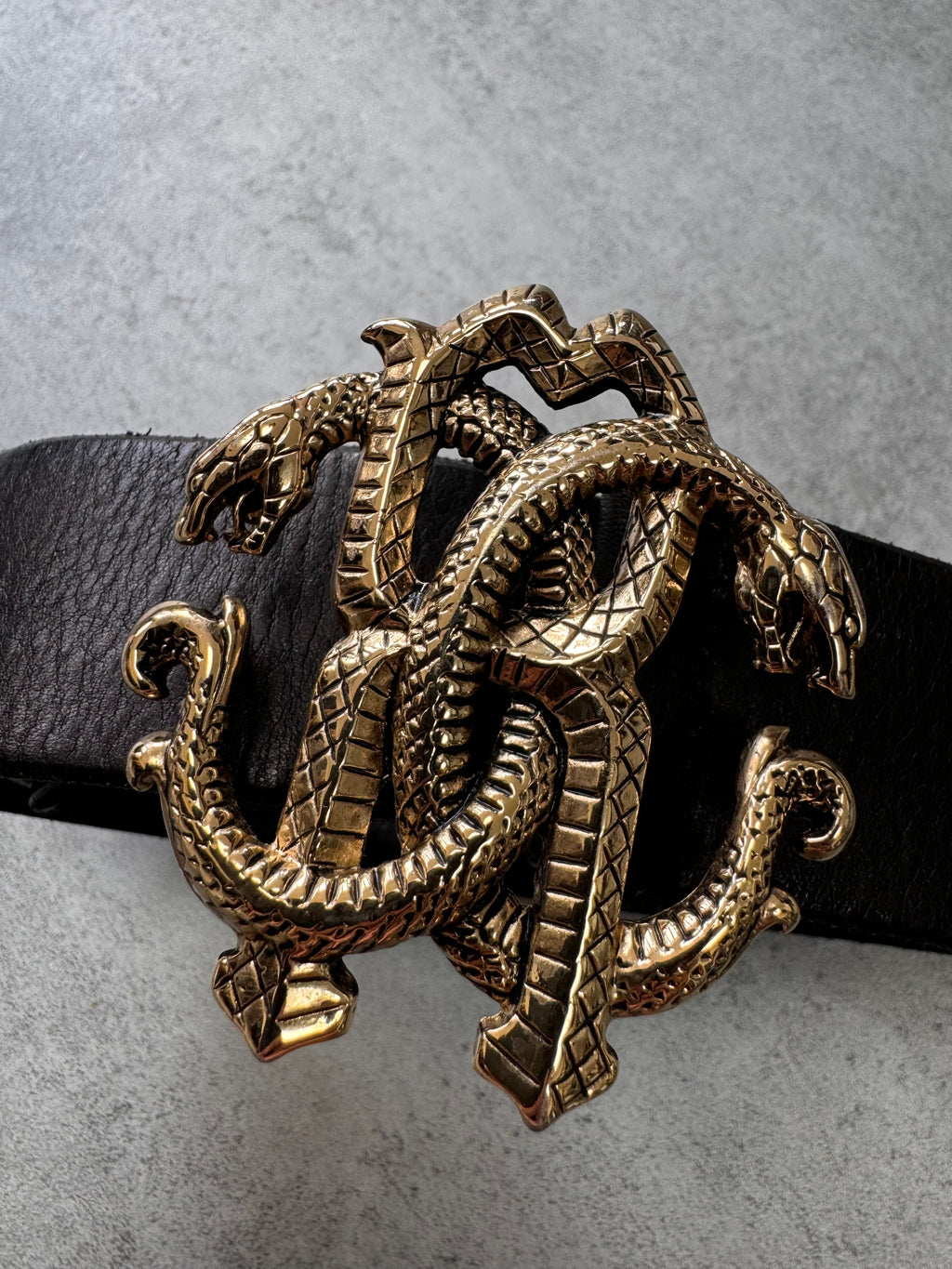 Roberto Cavalli Golden Snake Buckle Brown Leather Belt (OS)
