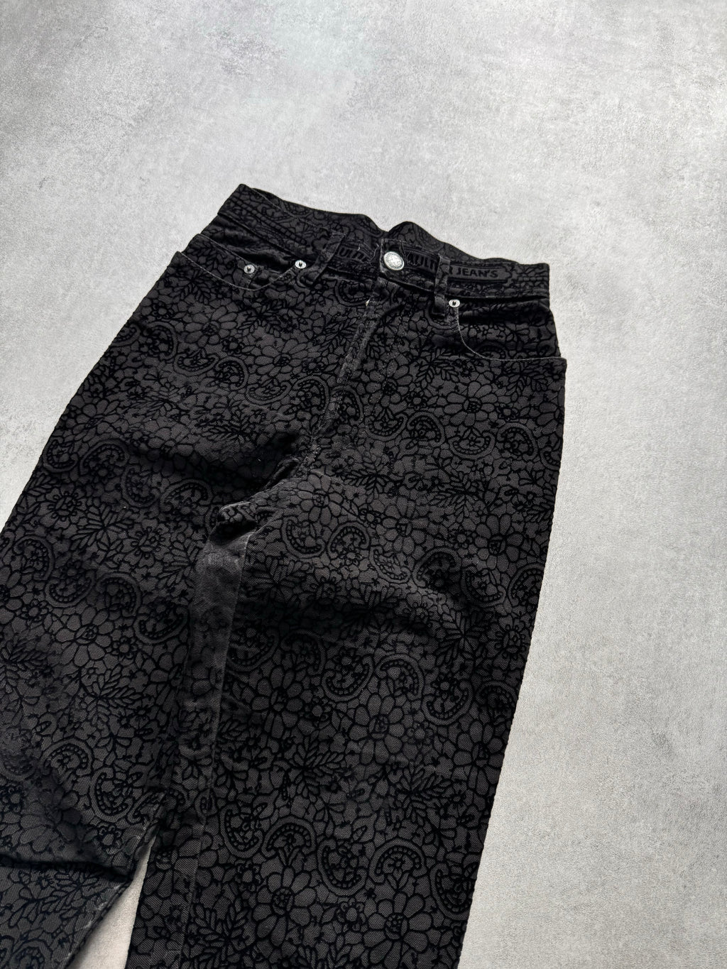 1990s Jean Paul Gaultier Glamour Velvet Black Denim Pants