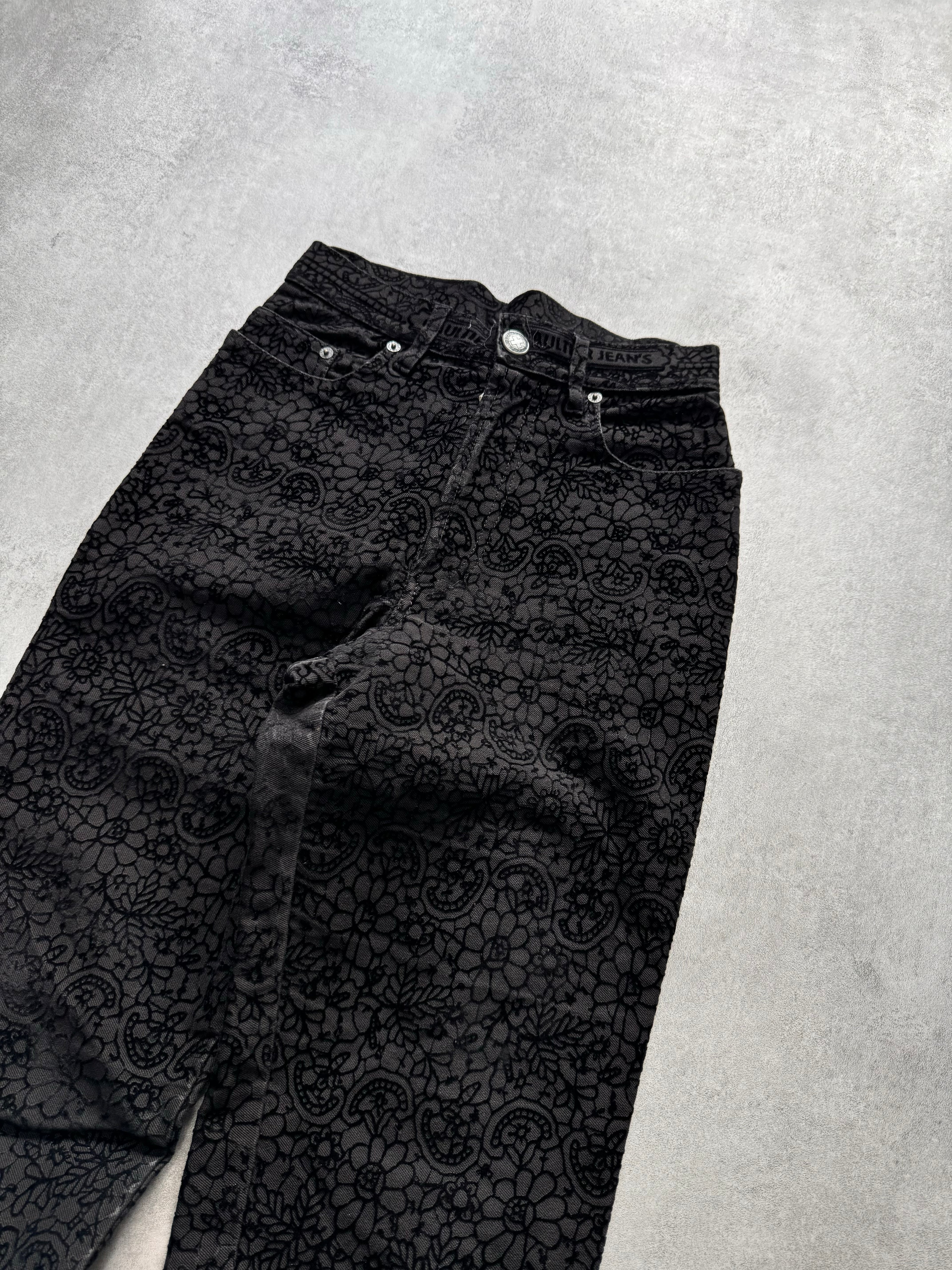 1990s Jean Paul Gaultier Glamour Velvet Black Denim Pants