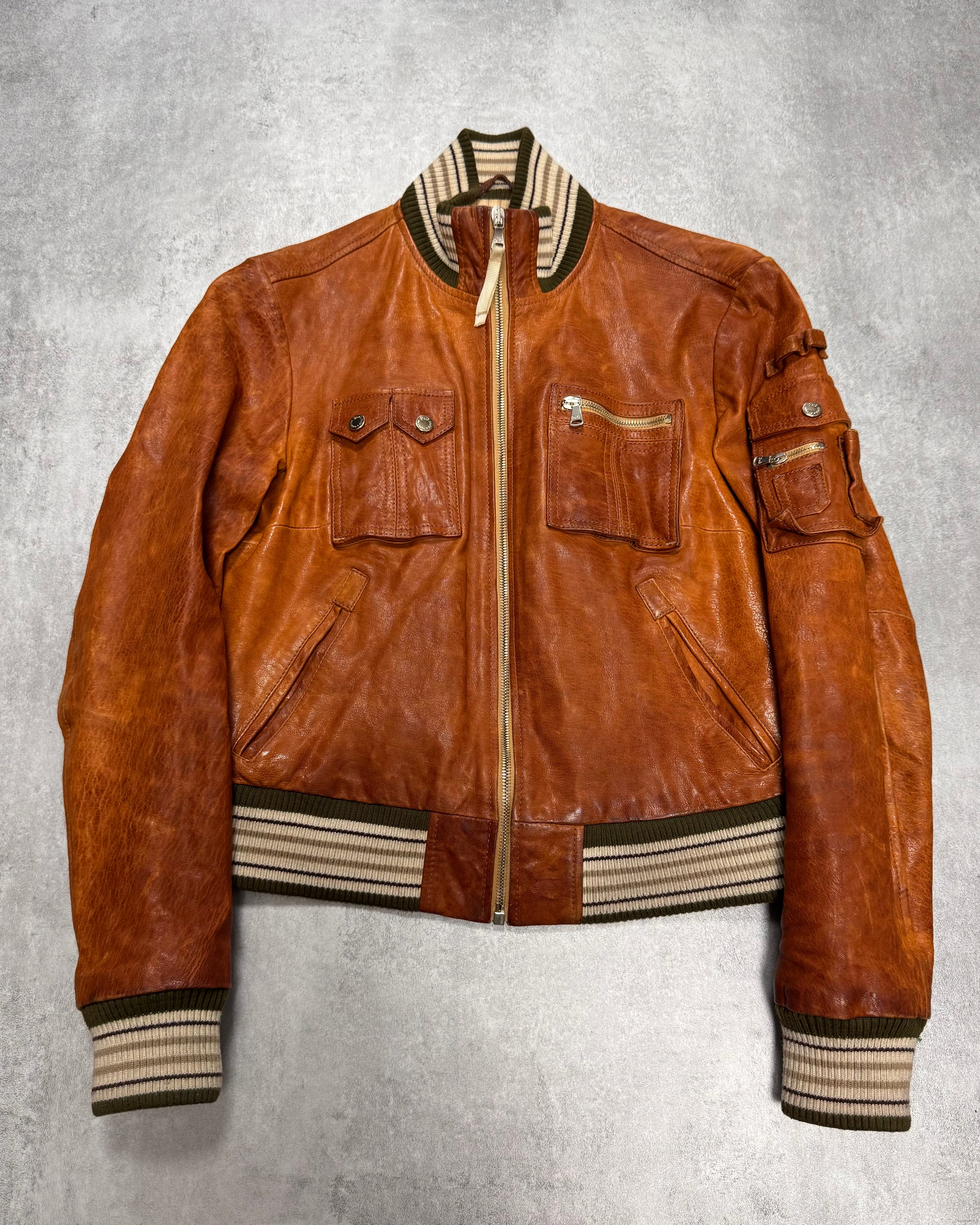 2000s Dolce & Gabbana Copper Brown Utility Cargo Leather Jacket