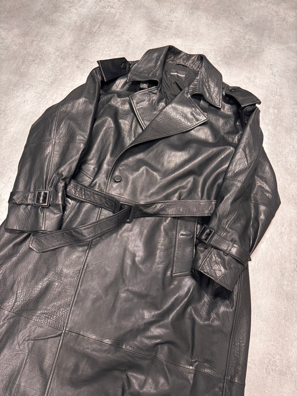 AW2023 Emporio Armani Black Buffalo Leather Trench Coat