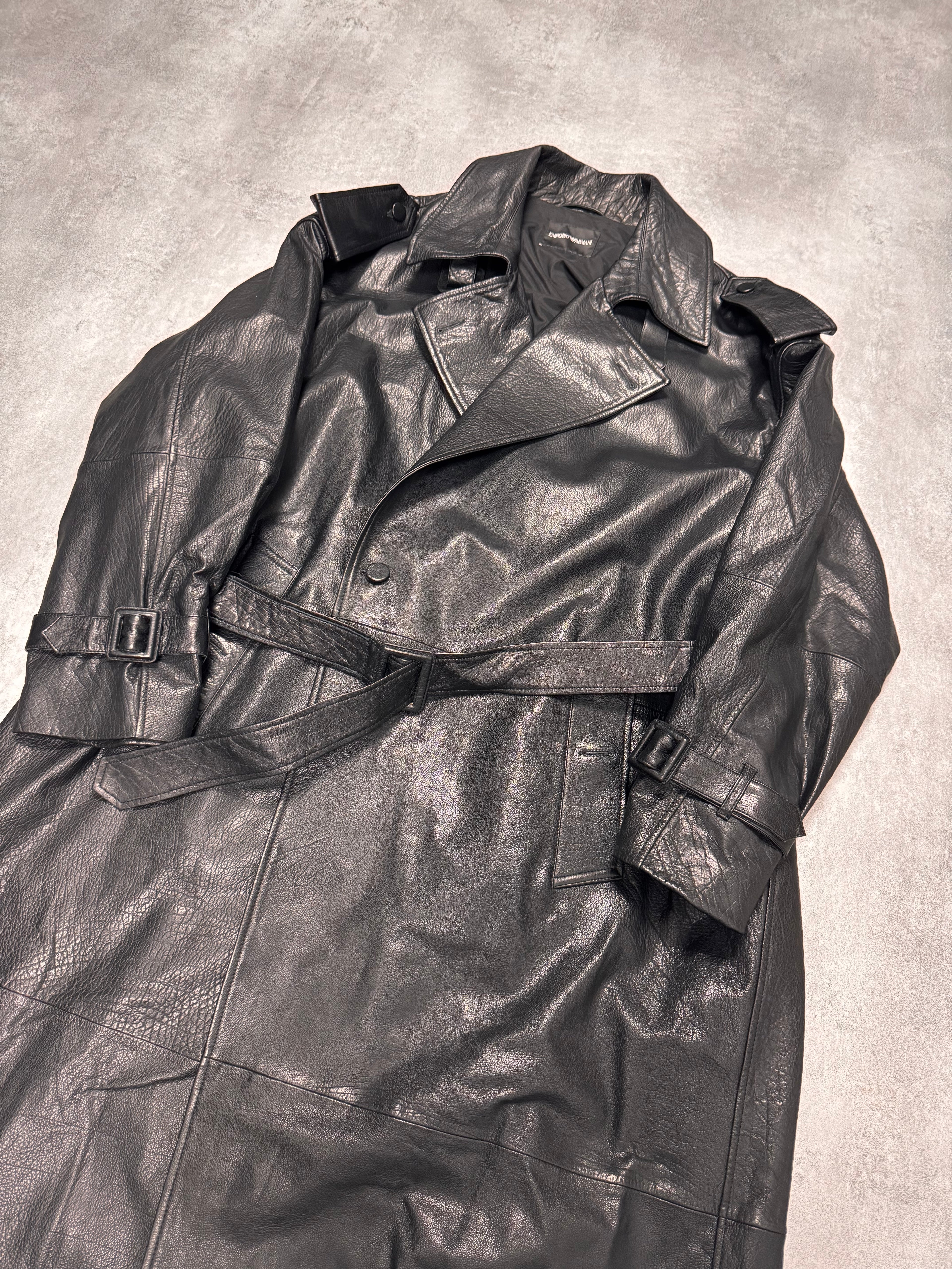 AW2023 Emporio Armani Black Buffalo Leather Trench Coat