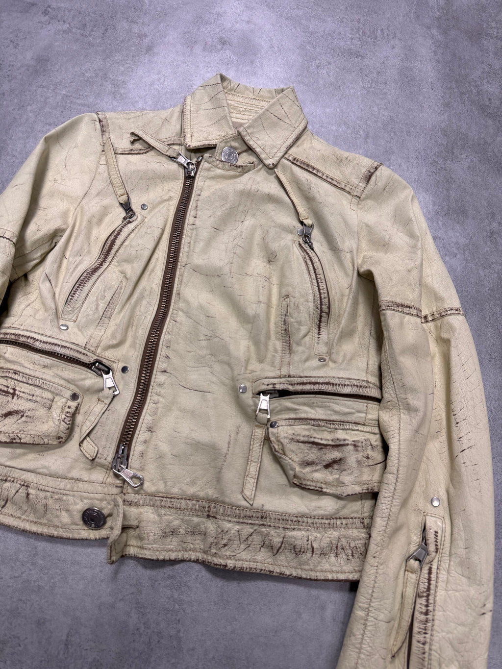 SS2004 Dsquared2 Beige Cropped Asymmetrical Aged Leather Jacket