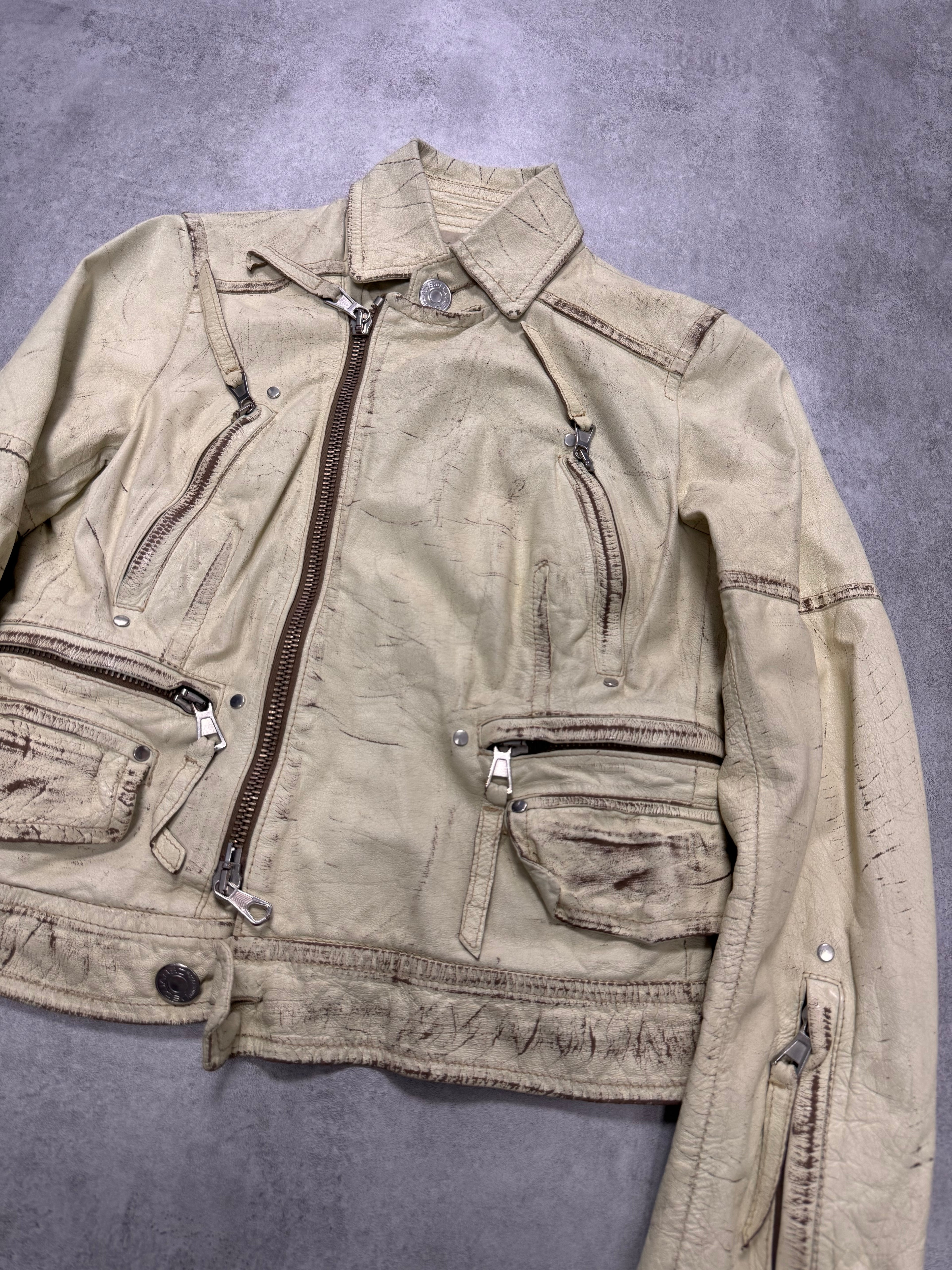 SS2004 Dsquared2 Beige Cropped Asymmetrical Aged Leather Jacket