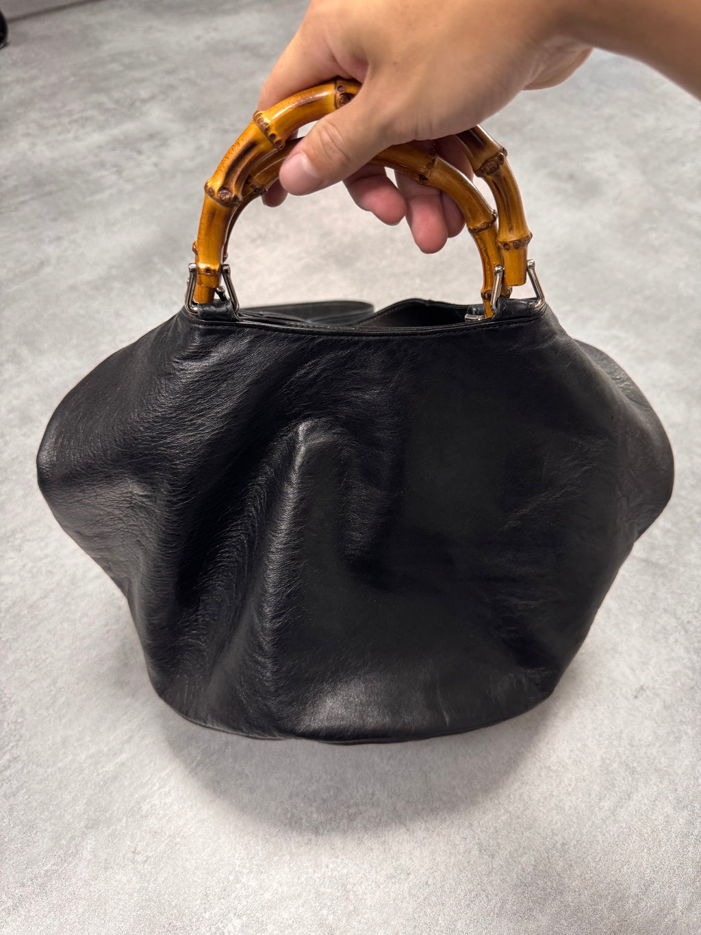 1996 Gucci Tom Ford Pure Black Leather Bamboo Shoulder Bag