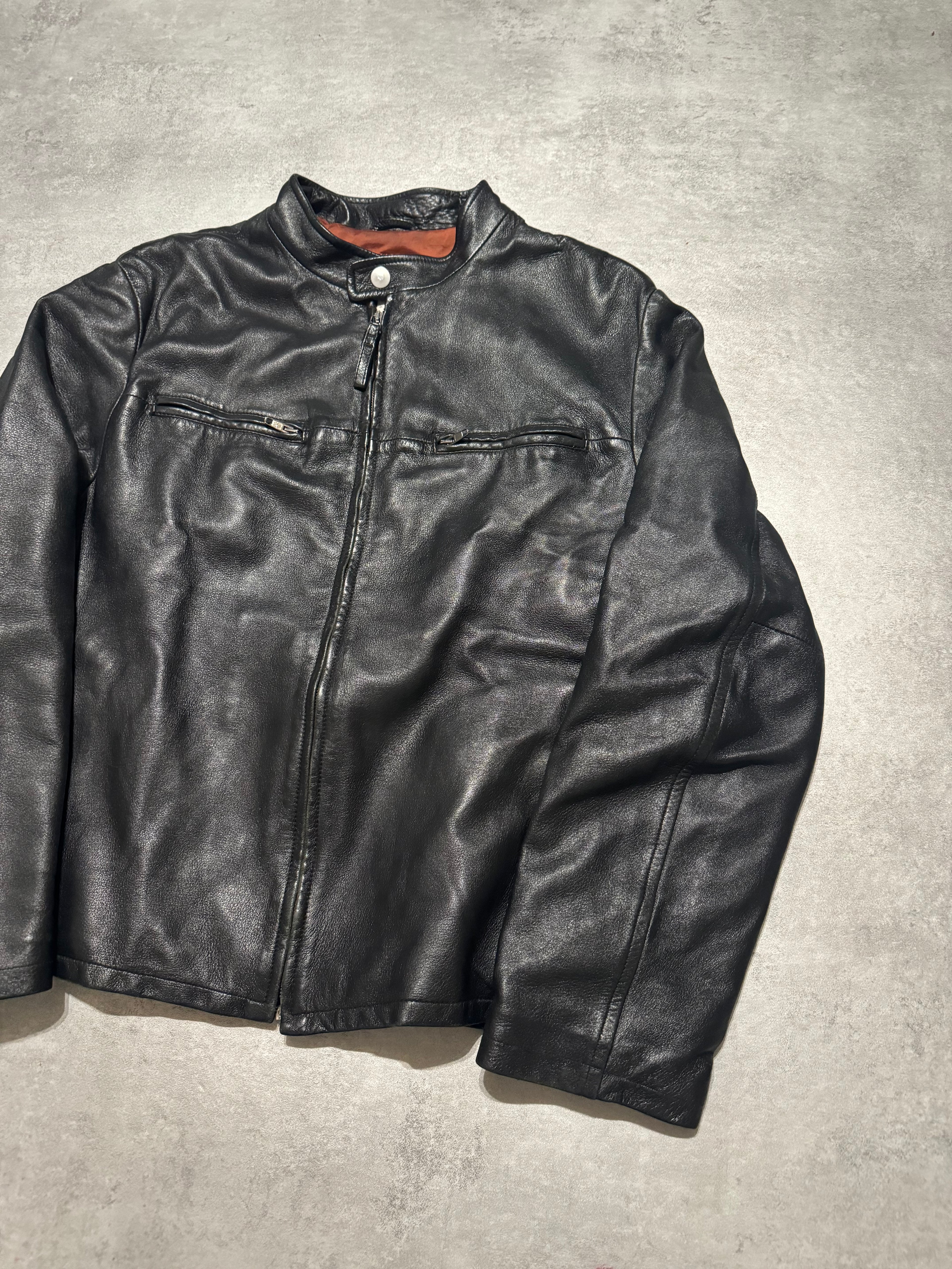 2000s Armani Black Structured Biker Leather Jacket (L) - 10