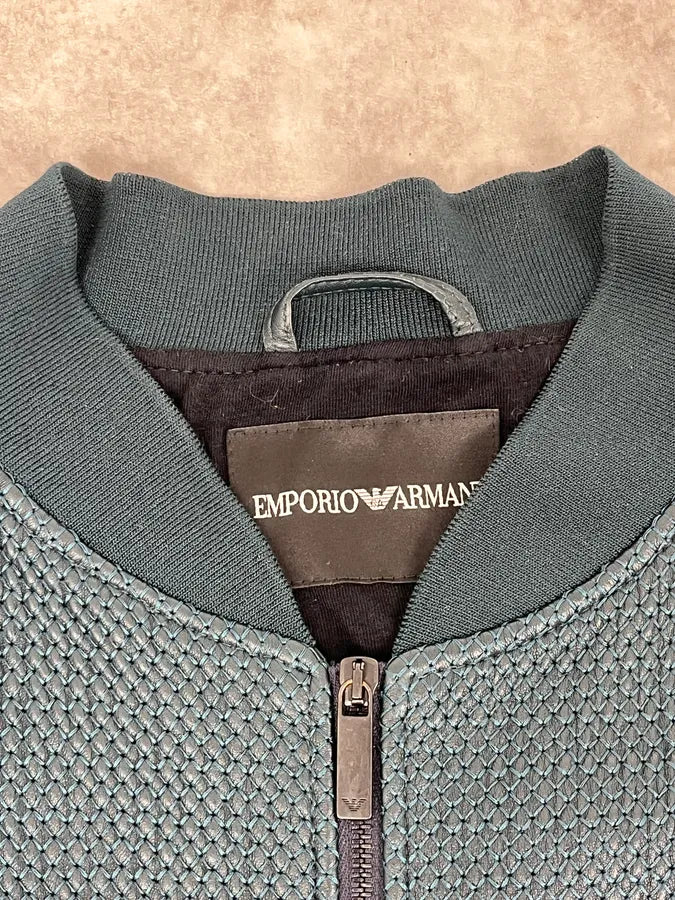 SS2015 Emporio Armani Green Waffled Leather Biker Jacket nGwqedb 9