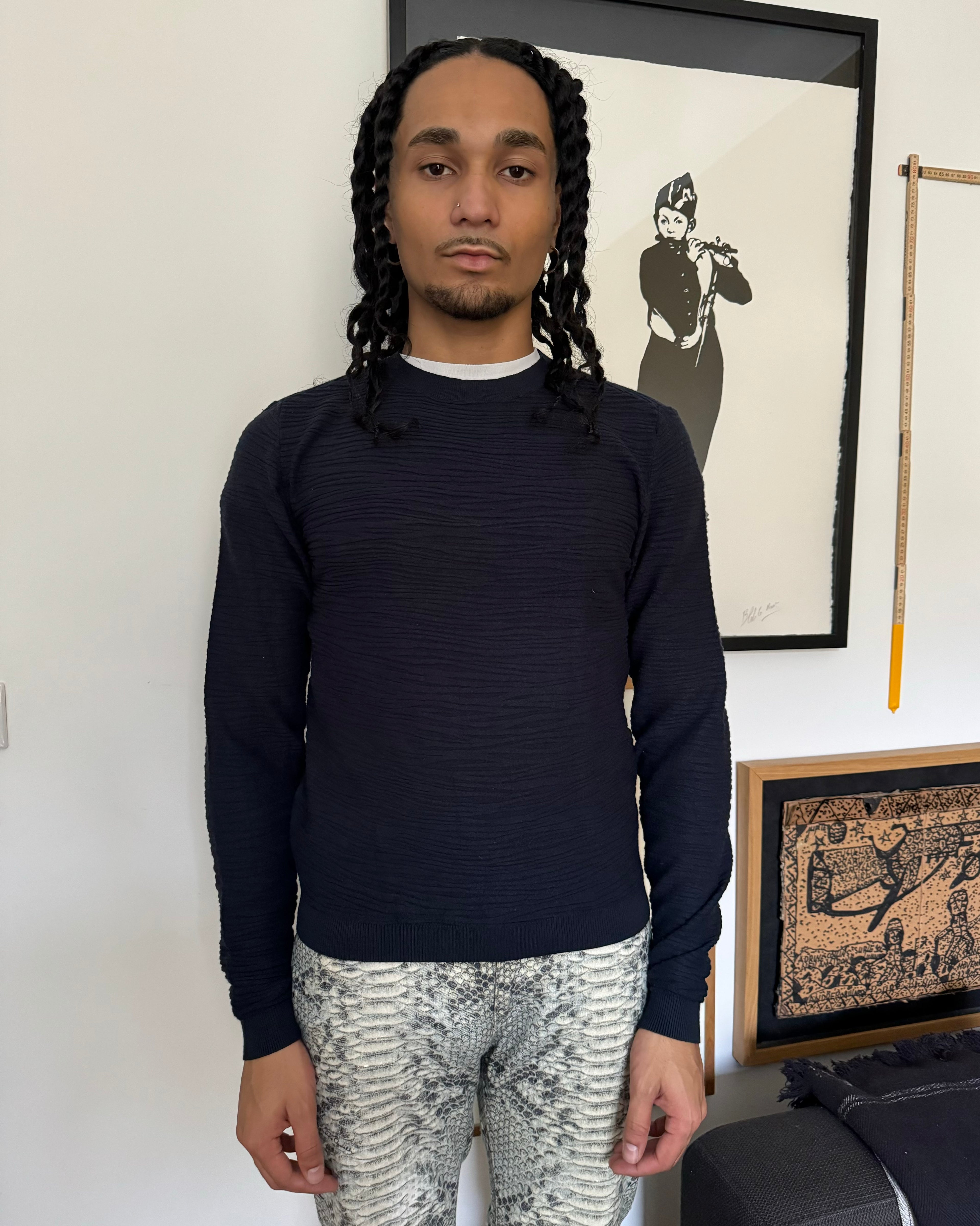 SS2020 Emporio Armani Plissed Navy Minimalist Sweater