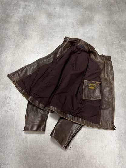 1990s Kenzo Bird Biker Brown Leather Jacket (S)