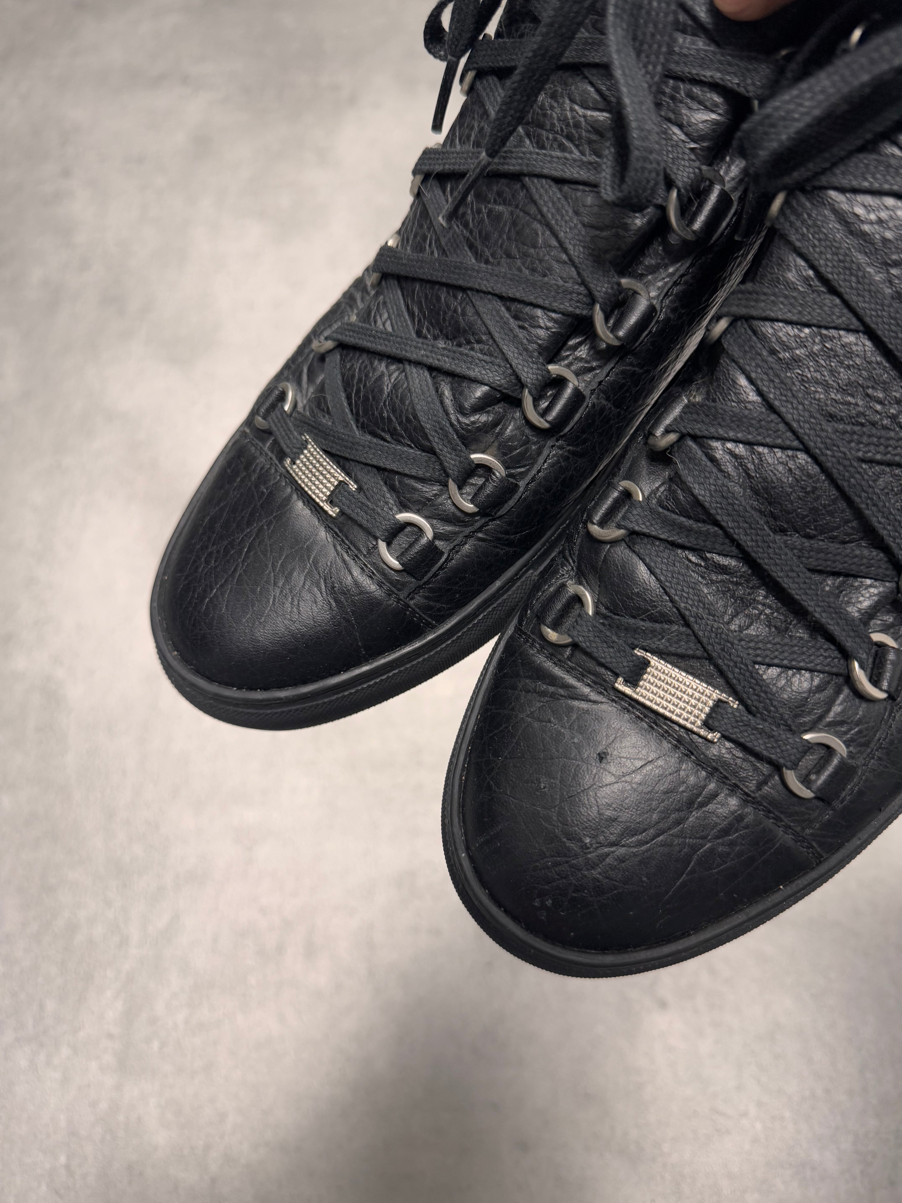 Balenciaga Arena High Black Cracked Leather Sneakers