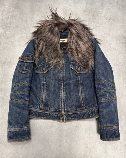 Moschino Astro Fur Biker Faded Denim Jacket (XS/S)