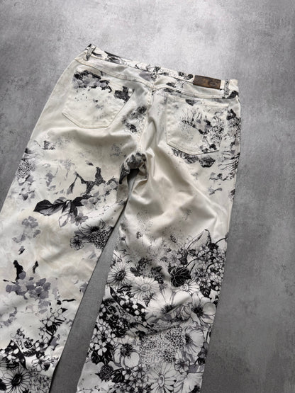 2000s Cavalli Black & White Floral Faded Paint Pants (M)