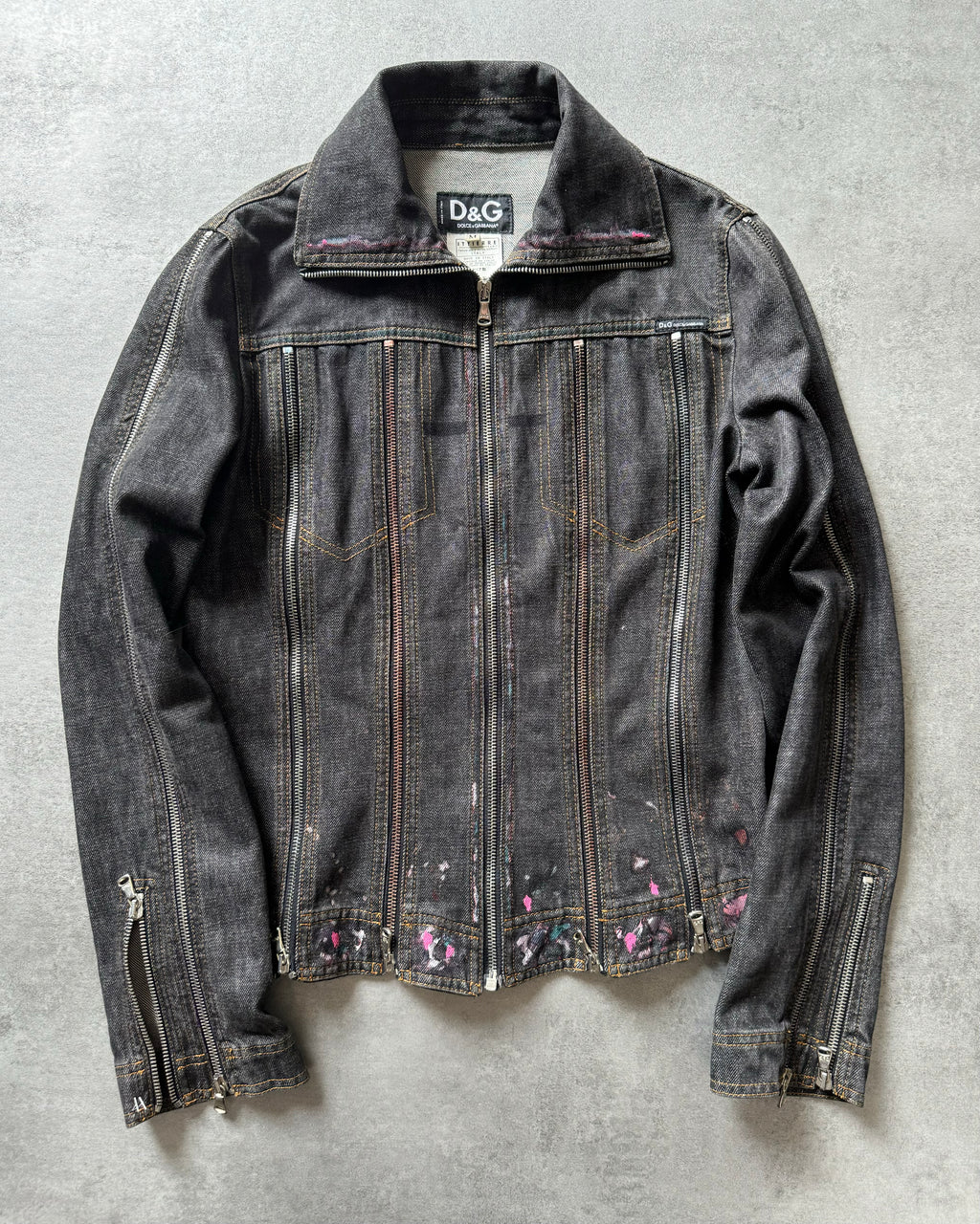 SS2003 Dolce & Gabbana Multi Zips Denim Hand Painted Jacket (XS)