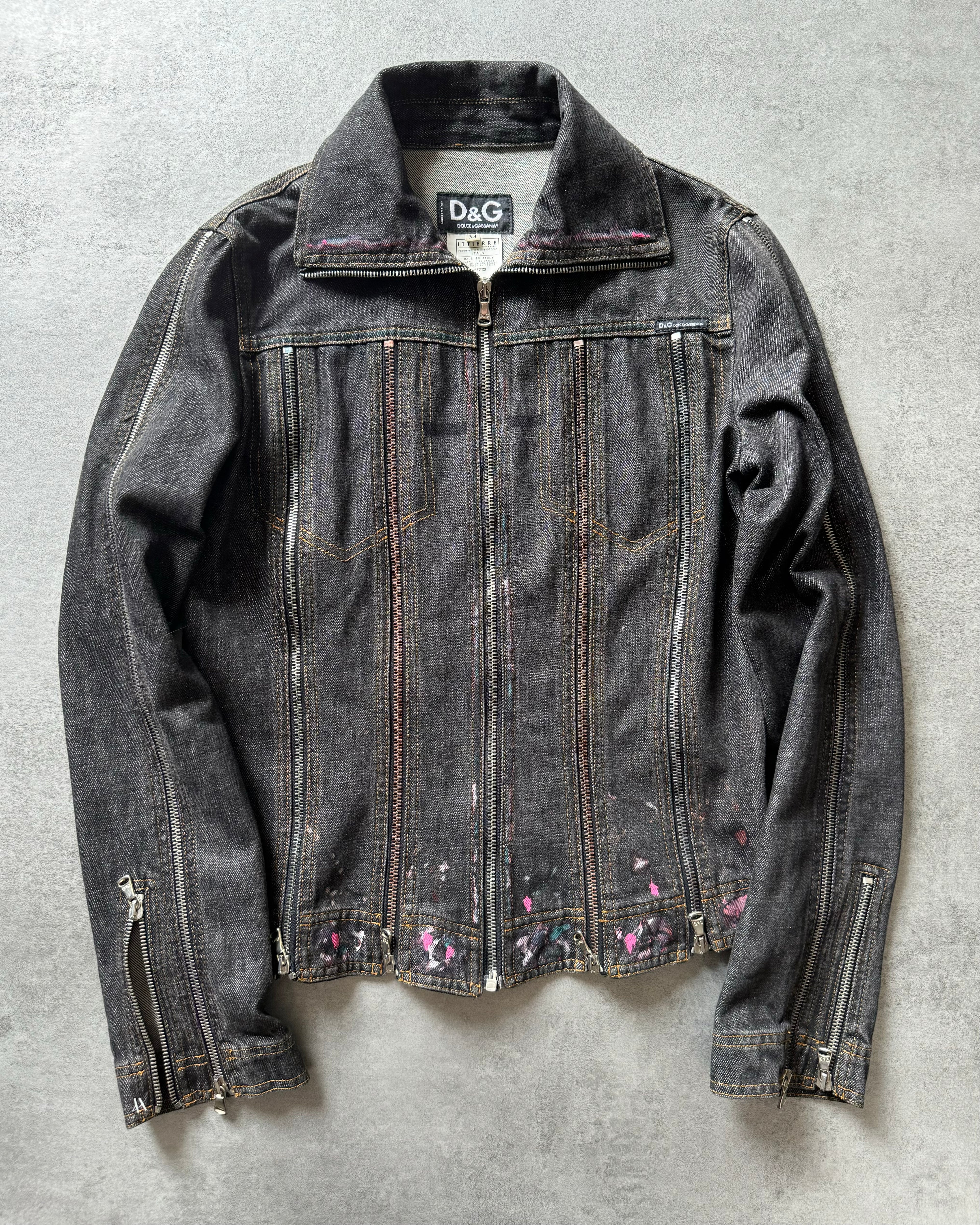 SS2003 Dolce & Gabbana Multi Zips Denim Hand Painted Jacket (XS)