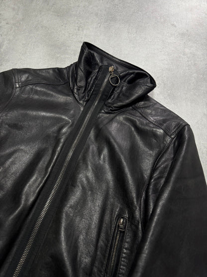 2000s Prada High Collar Black Leather Jacket (M)