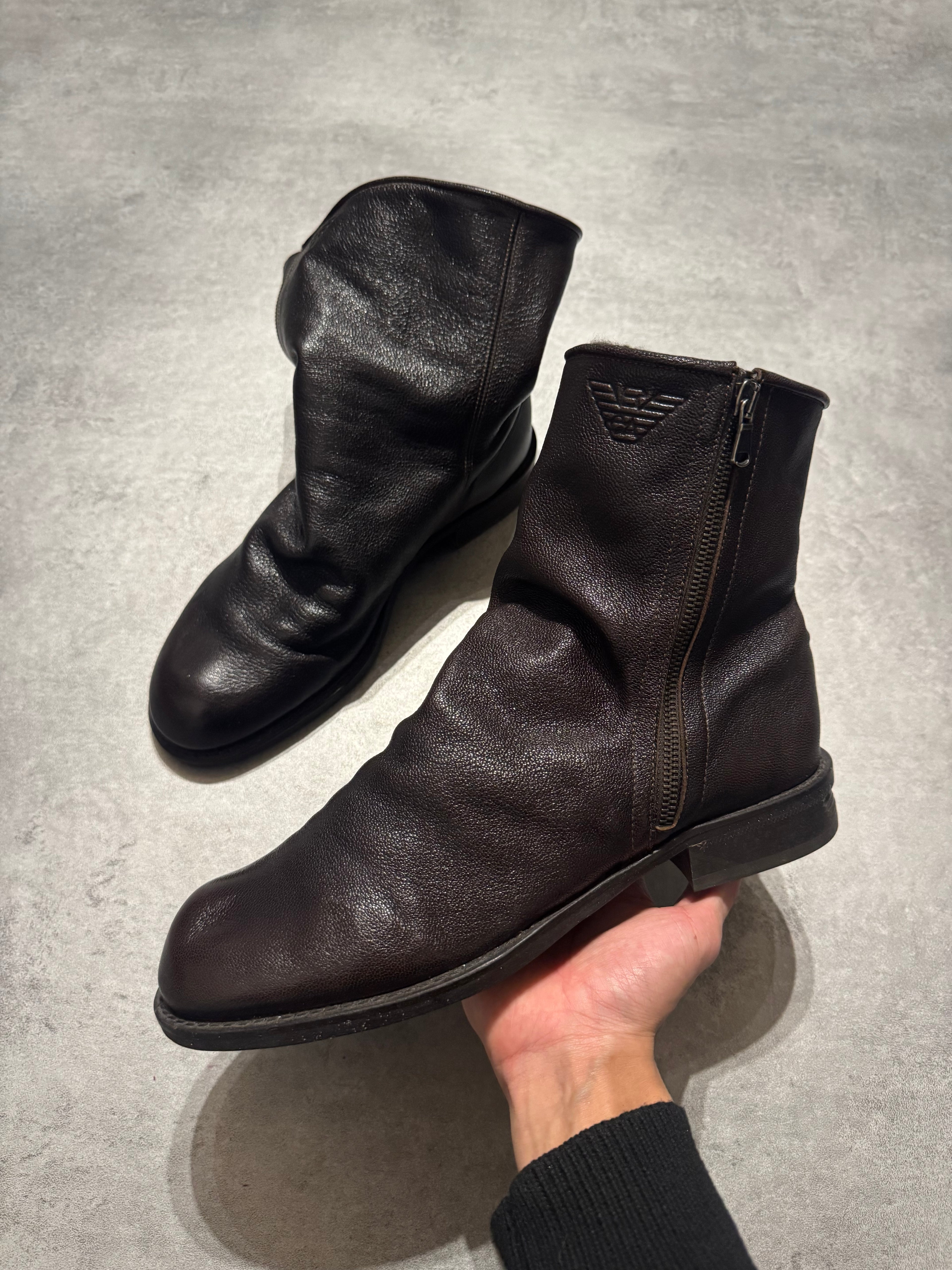2000s Emporio Armani Brown Wool Leather Boots