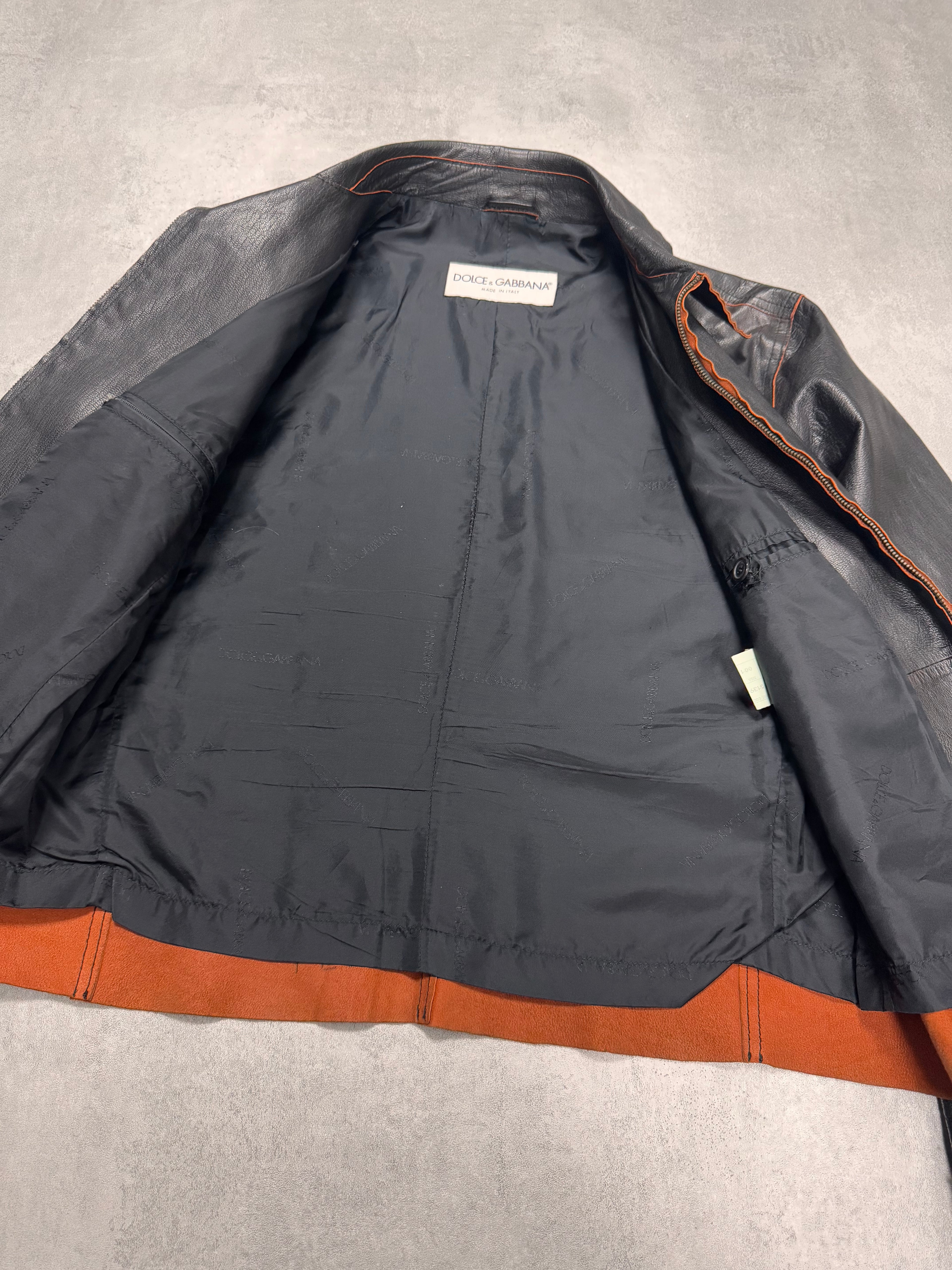 1990s Dolce & Gabbana Black Leather Orange Suede Jacket
