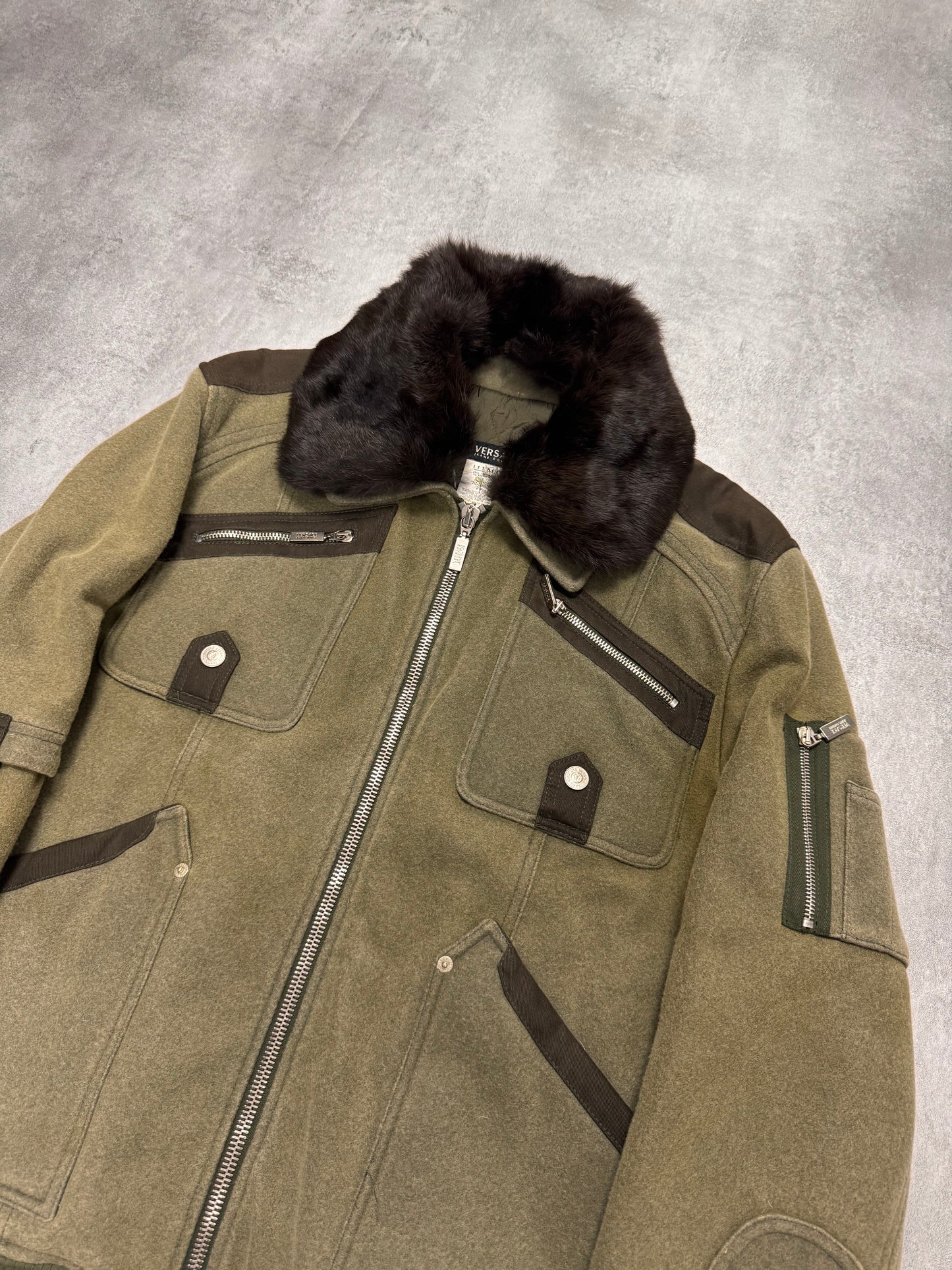 2000s Versace Utility Military Fur Collar Kaki Bomber Jacket (M)