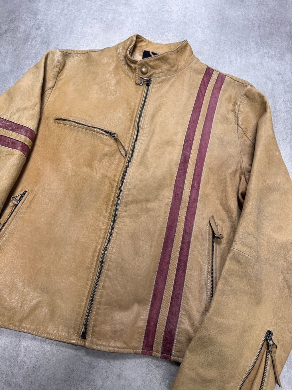 2000s Dolce & Gabbana Red Stripes Beige Leather Biker Jacket