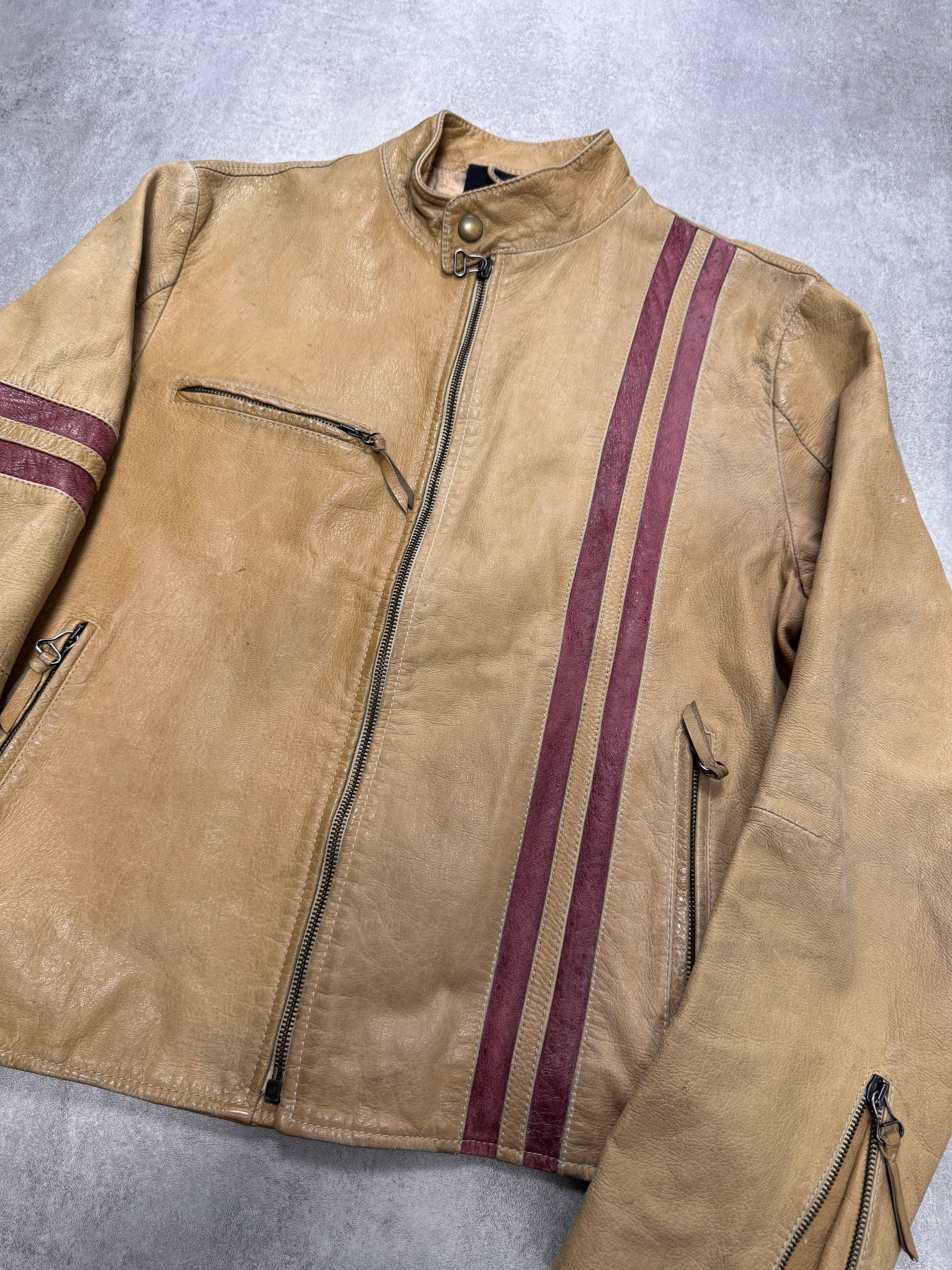 2000s Dolce & Gabbana Red Stripes Beige Leather Biker Jacket