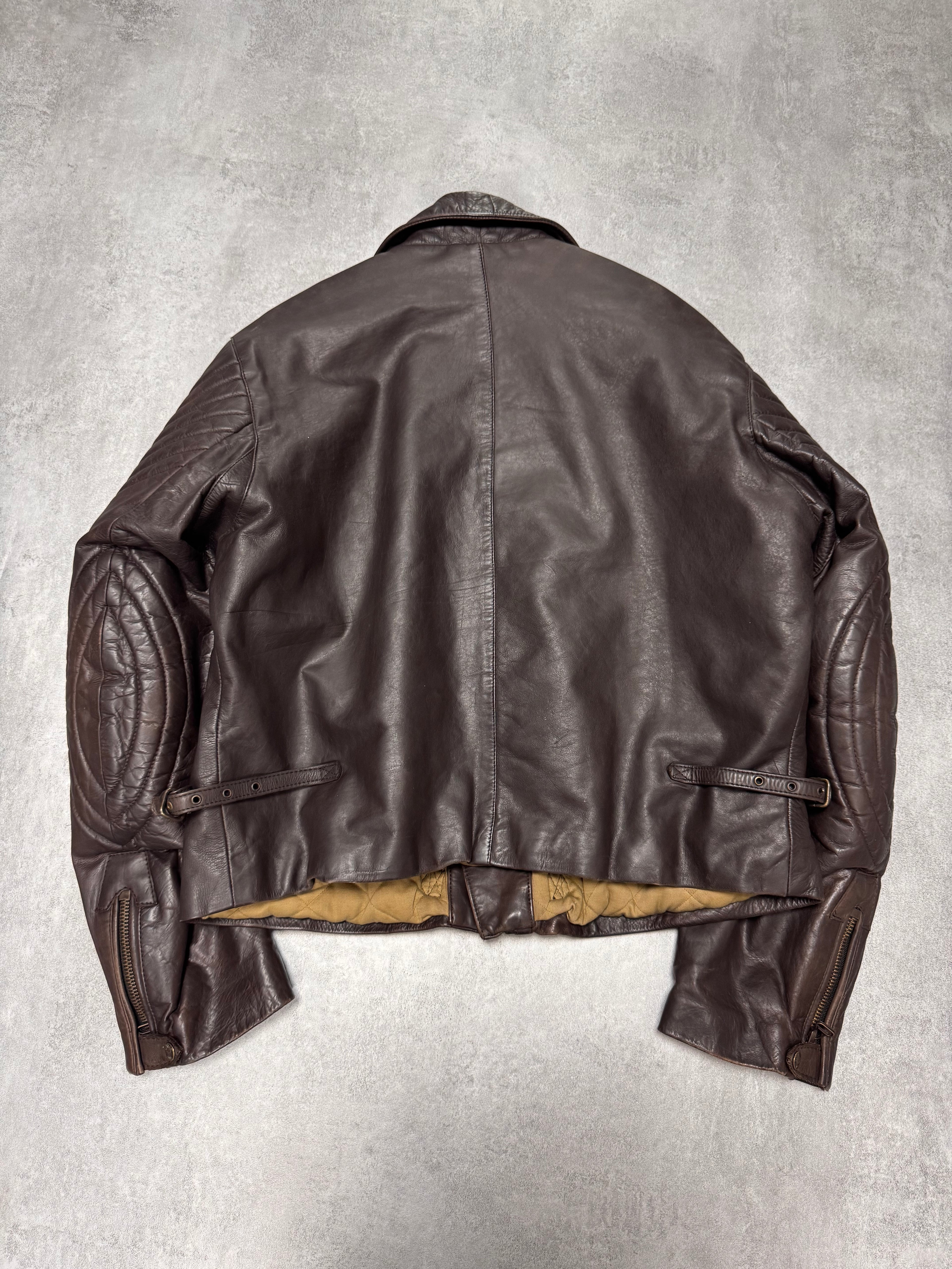 1990s Armani Aviator Bomber Brown Leather Cropped Jacket