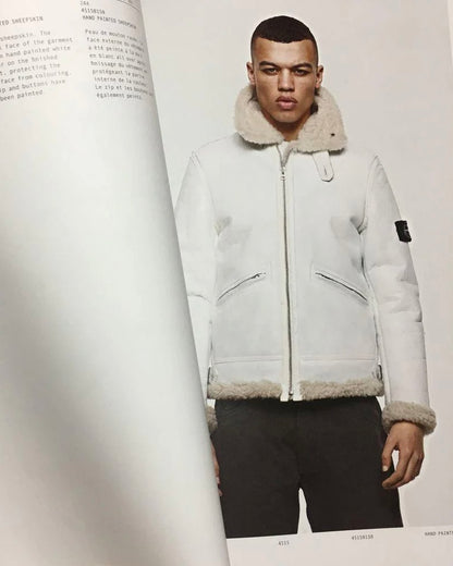 AW2006 Stone Island Hand Painted Sheepskin White Shearling Leather Jacket (L) - 2