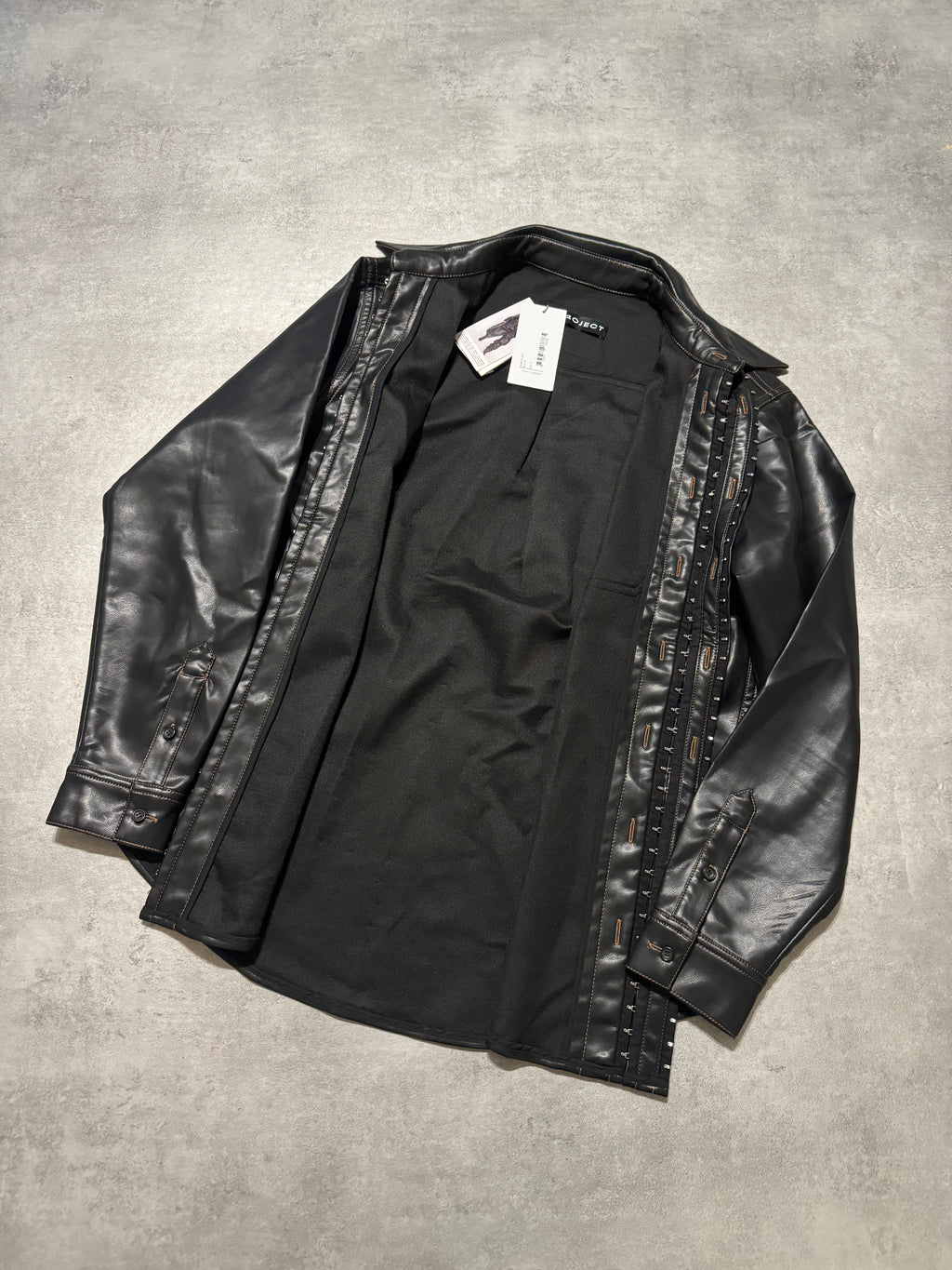 SS2025 Y/Project Black Hook & Eye Grained Faux-Leather Shirt (L) - 4