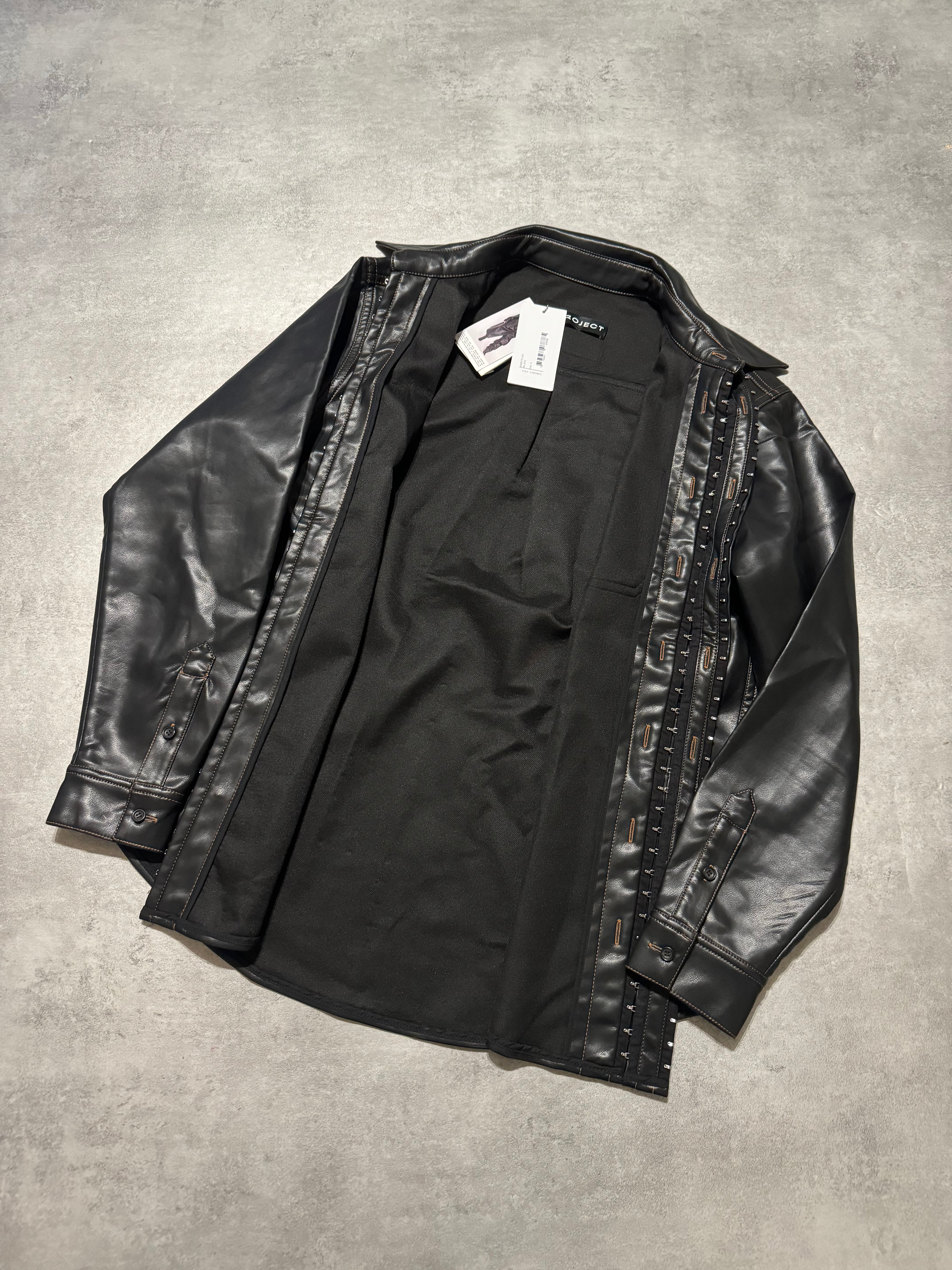 SS2025 Y/Project Black Hook & Eye Grained Faux-Leather Shirt (L) - 4