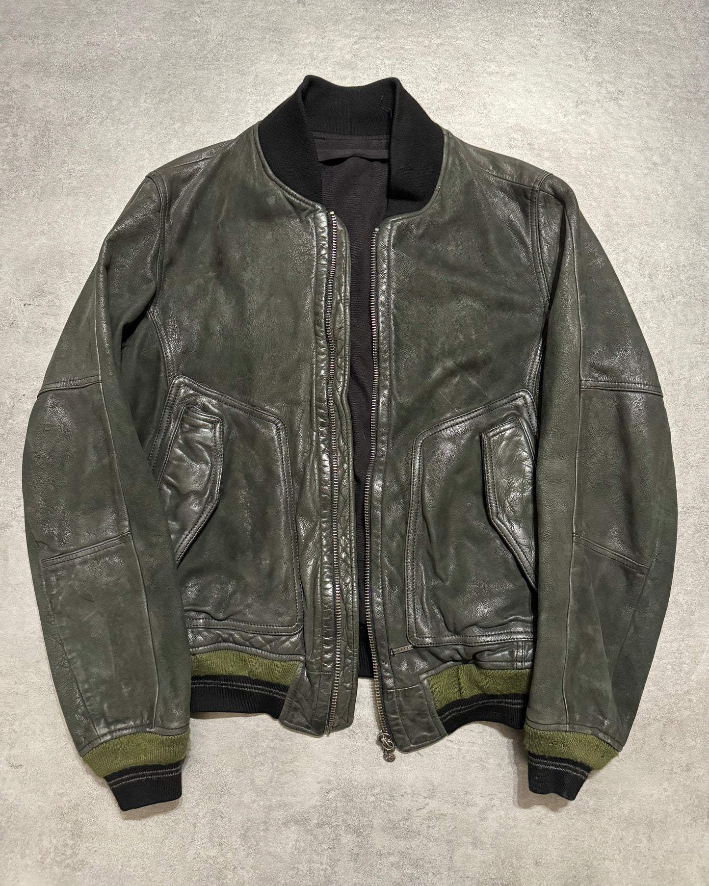 2000s Diesel Olive Biker Eroded Polished Leather Jacket (M/L) - 7