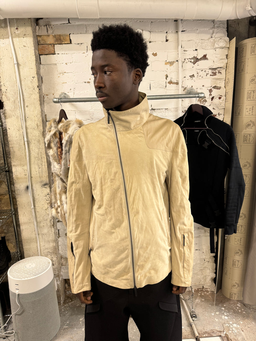 SS2013 Emporio Armani Beige Asymmetrical Suede Leather Jacket (M/L) - 1