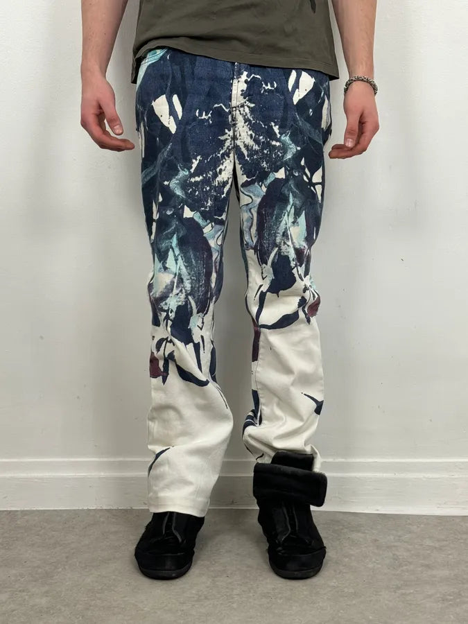 2000s Cavalli White Flowers Punk Navy Pants zIyetpK 3