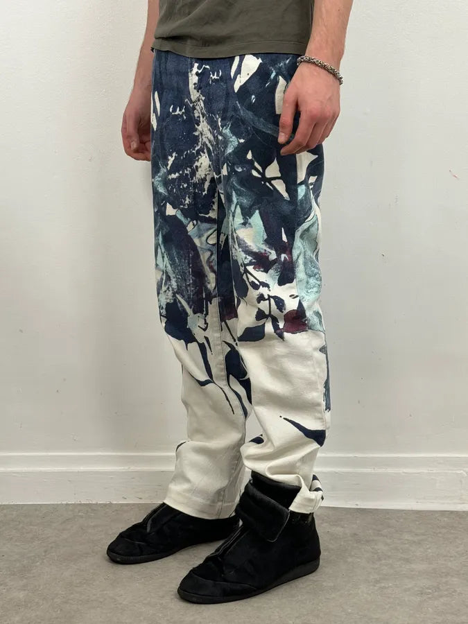 2000s Cavalli White Flowers Punk Navy Pants zIyetpK 1