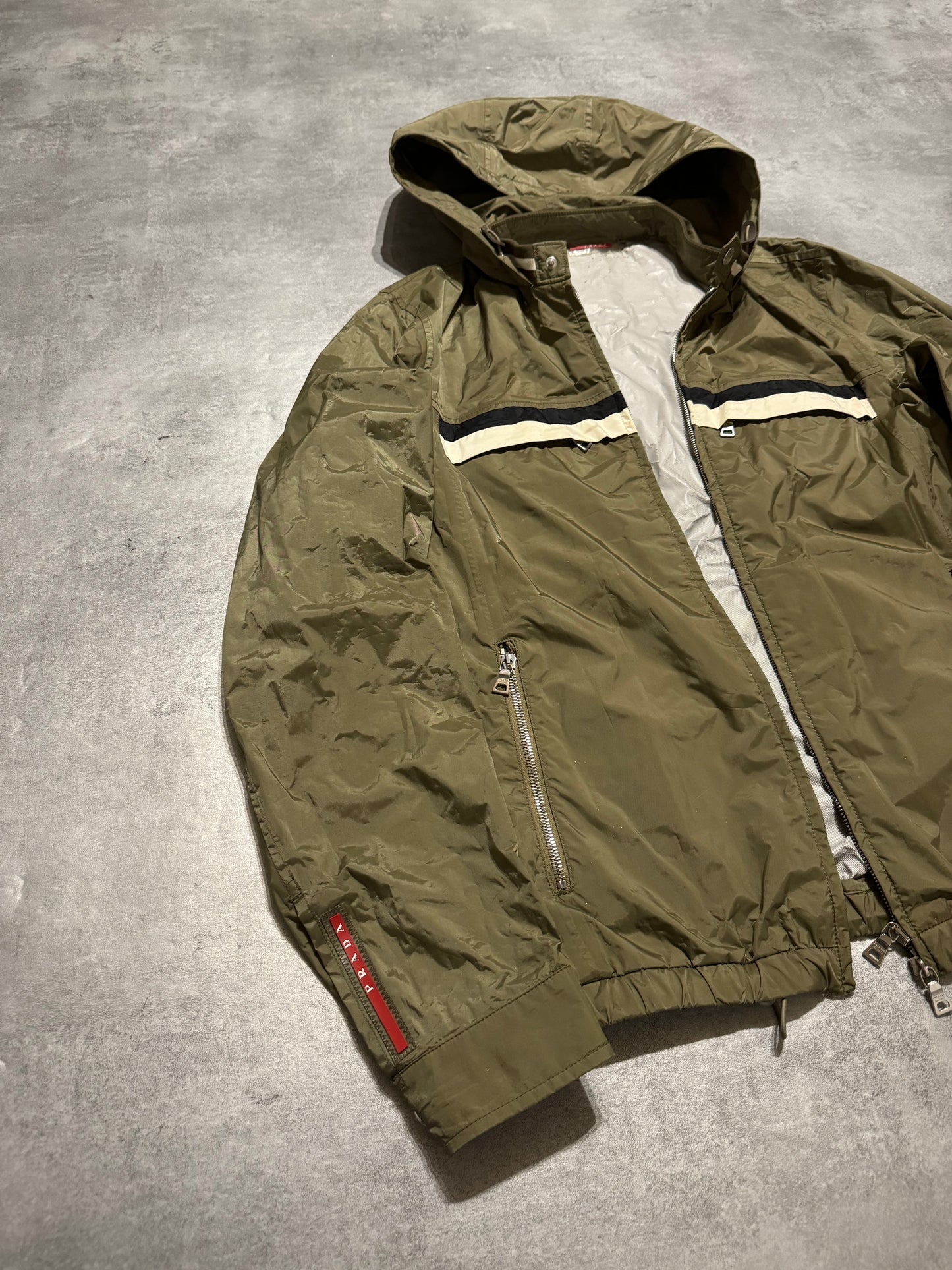 2000s Prada Linea Rossa Olive Hooded Windbreaker Jacket (M) - 11