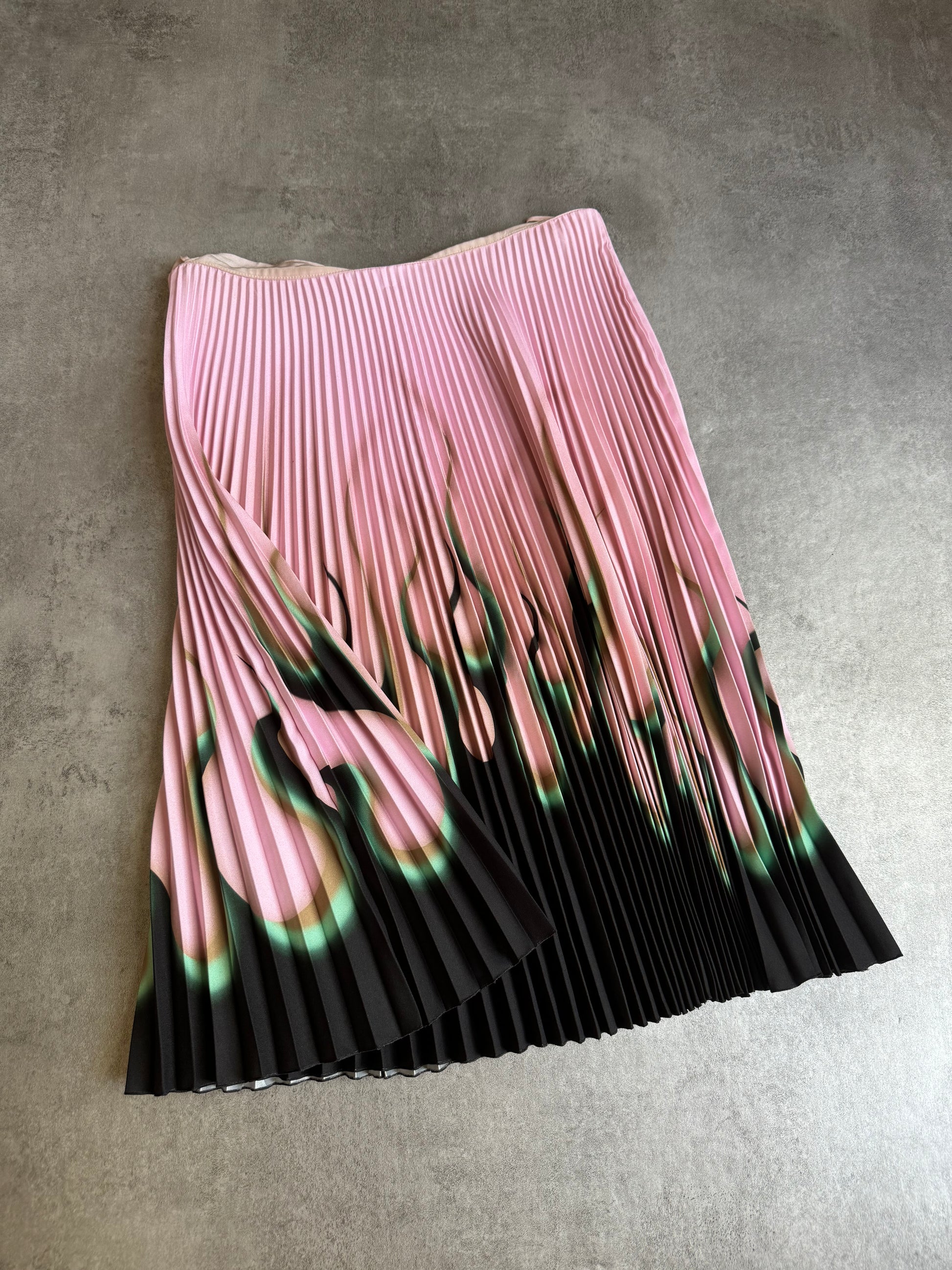 SS2012 Prada Pleated Flame Skirt Pink Black & Green (S) - 3