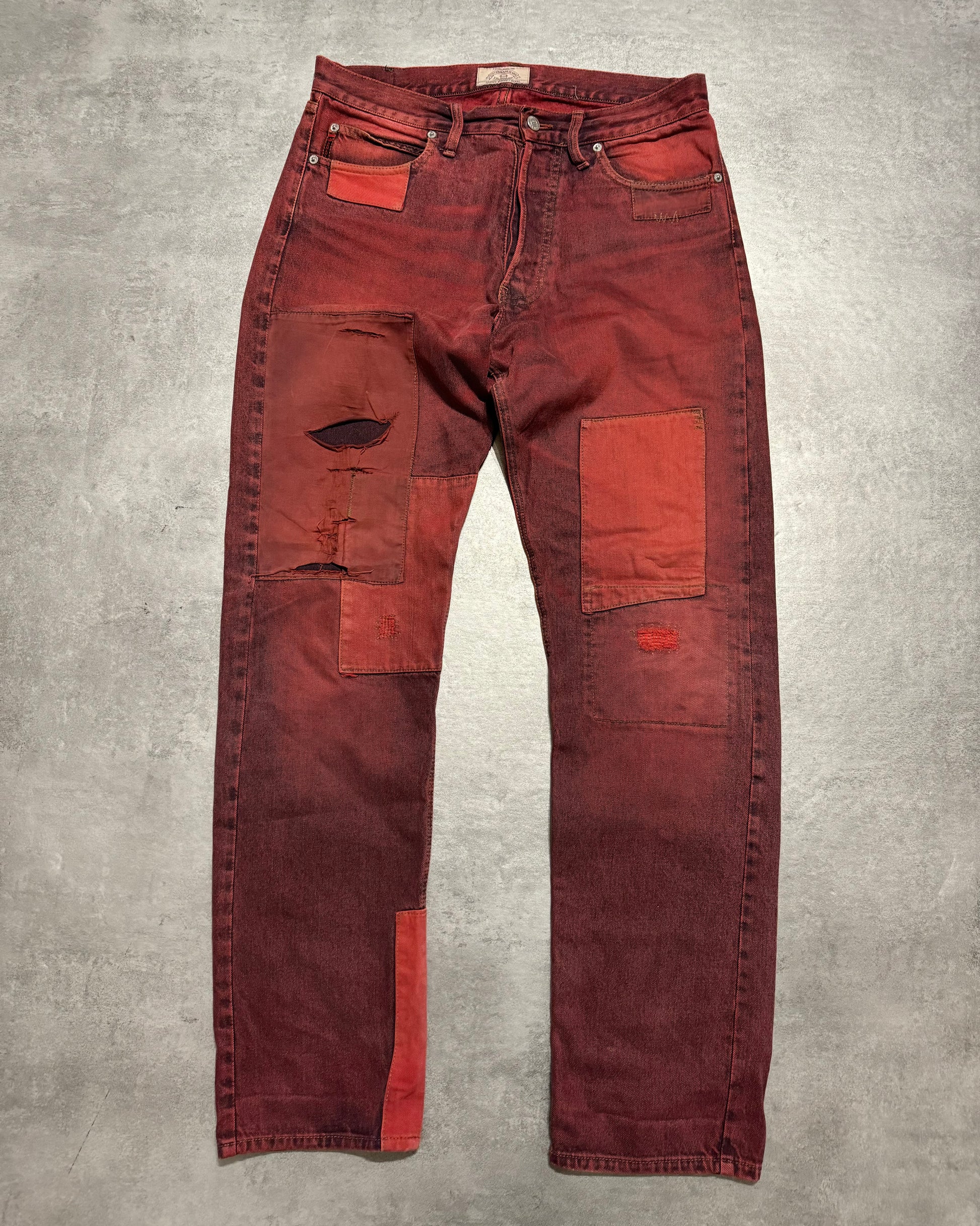 1990s Armani Red Faded Denim Patchwork Pants (L) - 1