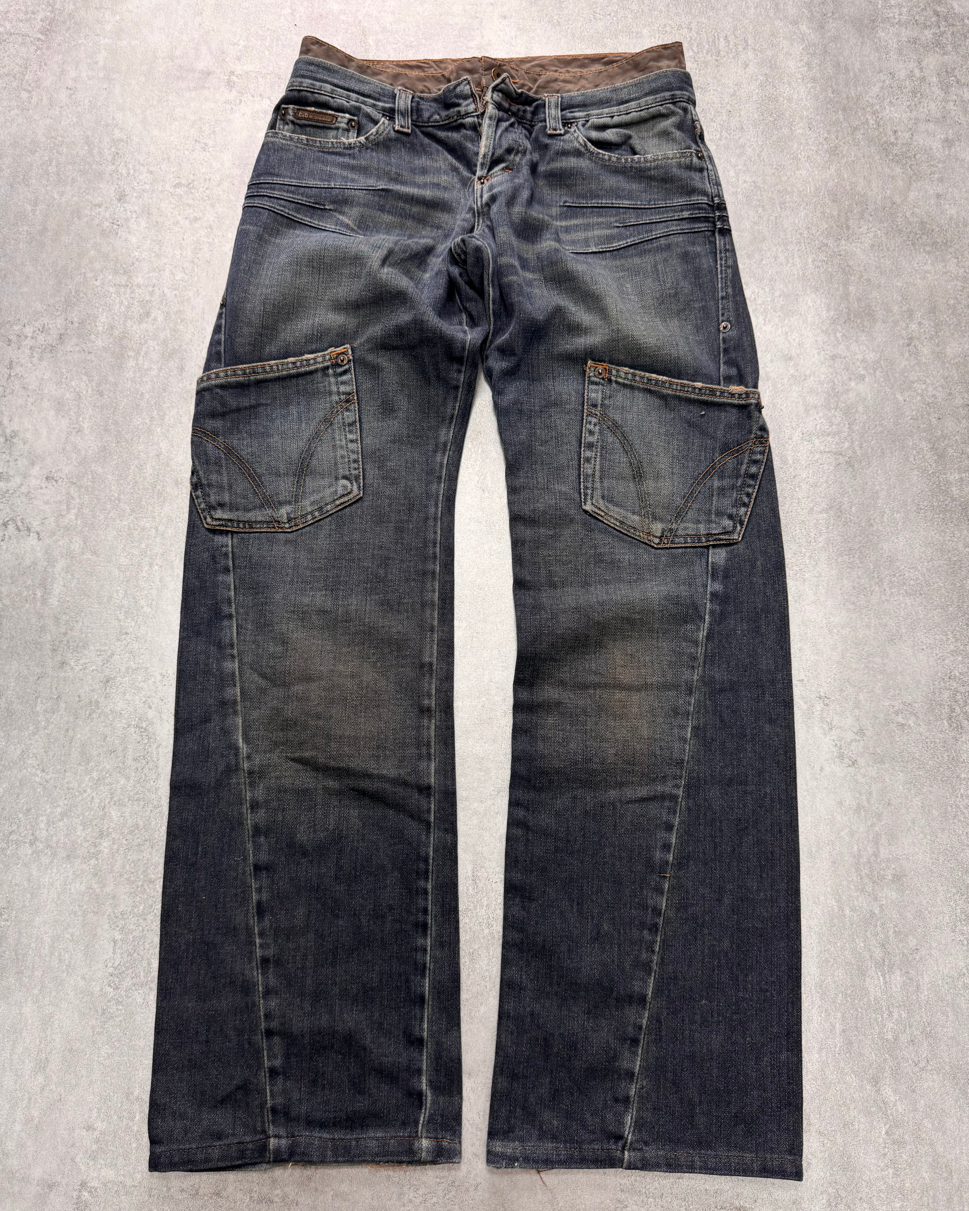 AW2003 Dolce & Gabbana Double-Waisted Sun Faded Denim Cargo Jeans
