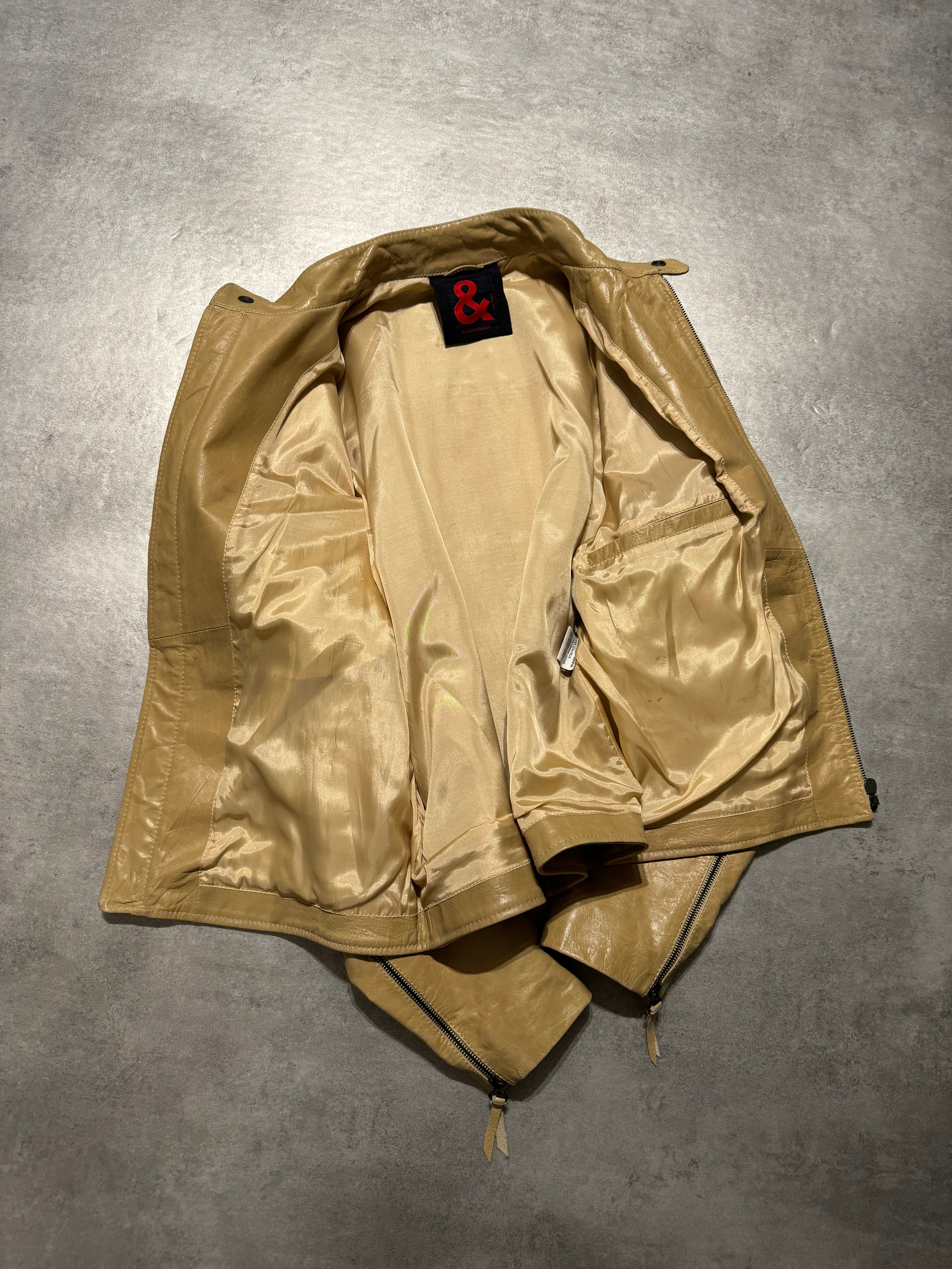 2000s Dolce & Gabbana Stripes Beige Leather Biker Racer Jacket (M) - 4