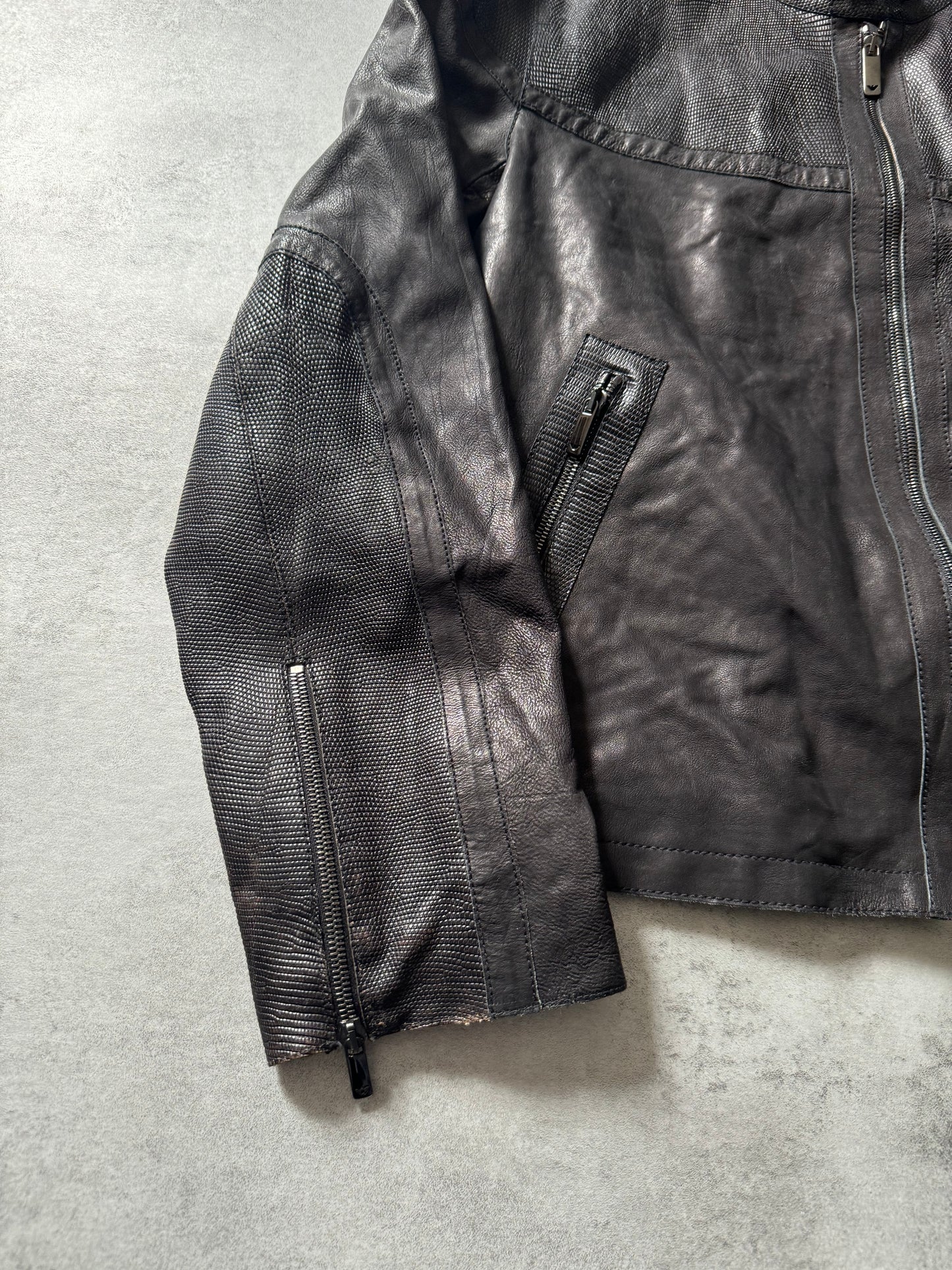 AW2005 Emporio Armani Cracked Biker Leather Jacket  (L) - 9