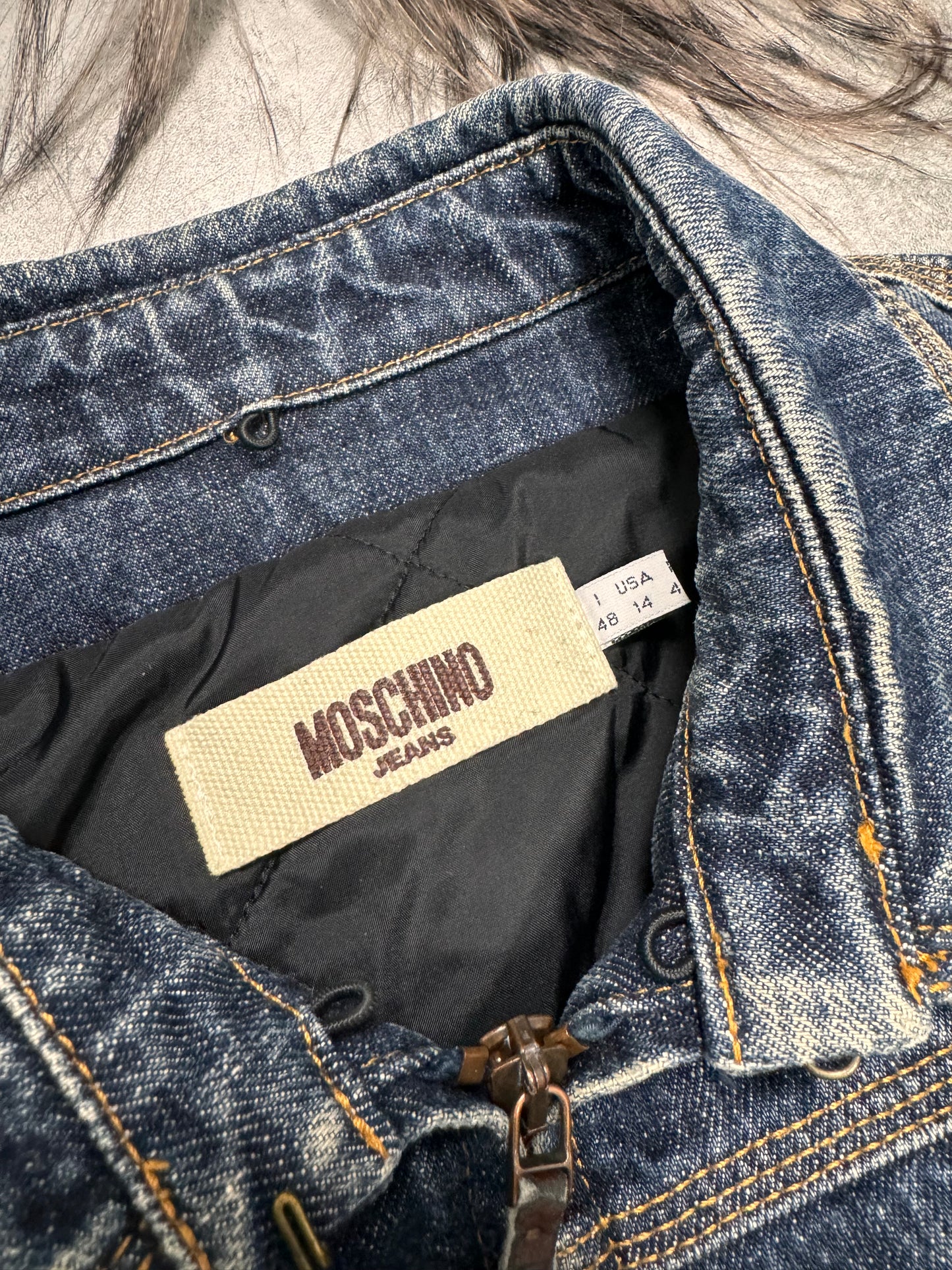 Moschino Astro Fur Biker Faded Denim Jacket (XS/S)