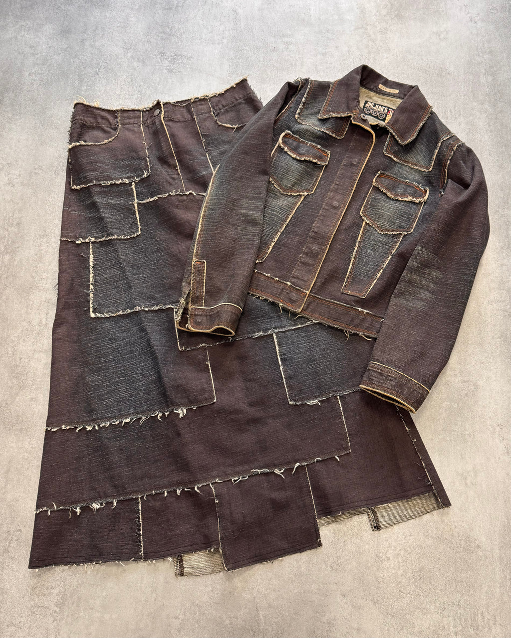 2000s Jean Paul Gaultier Denim Patchwork Jacket & Long Skirt Set