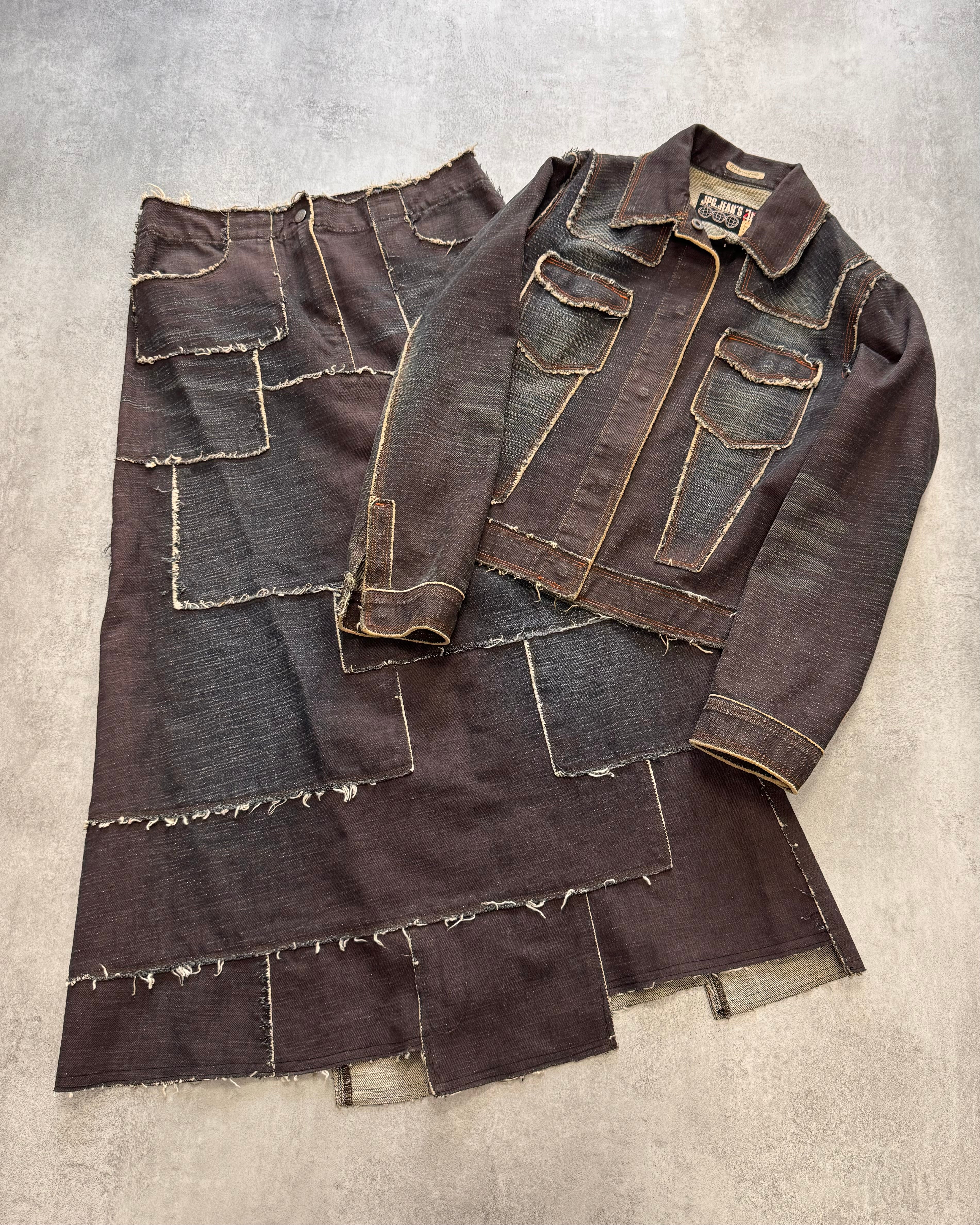 2000s Jean Paul Gaultier Denim Patchwork Jacket & Long Skirt Set