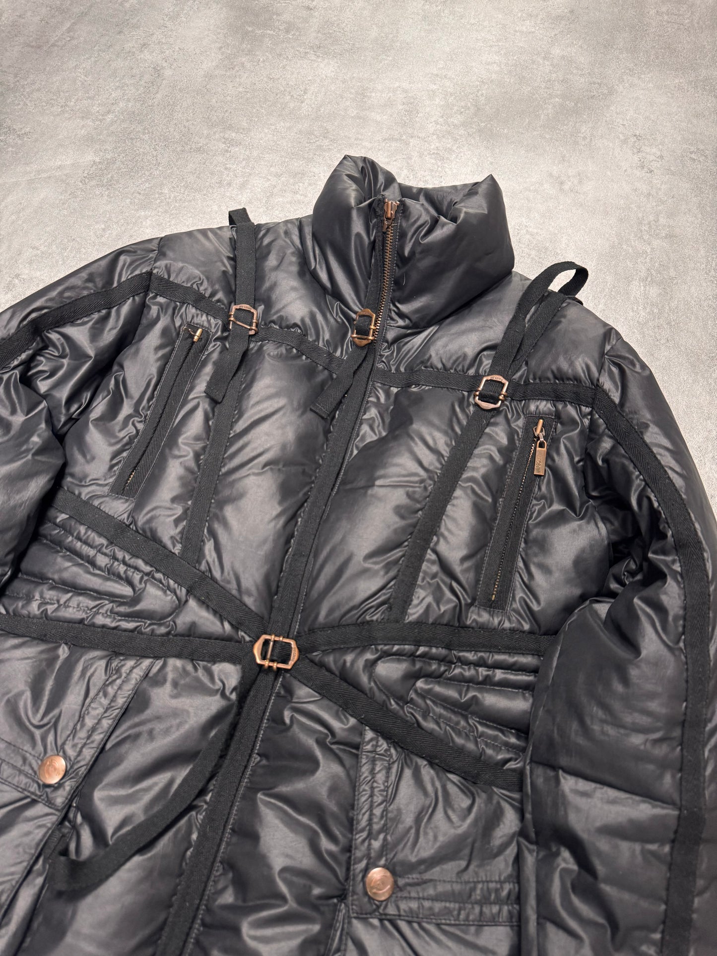 1990s Roberto Cavalli Parachute Bondage Puffer Black Jacket (XS)