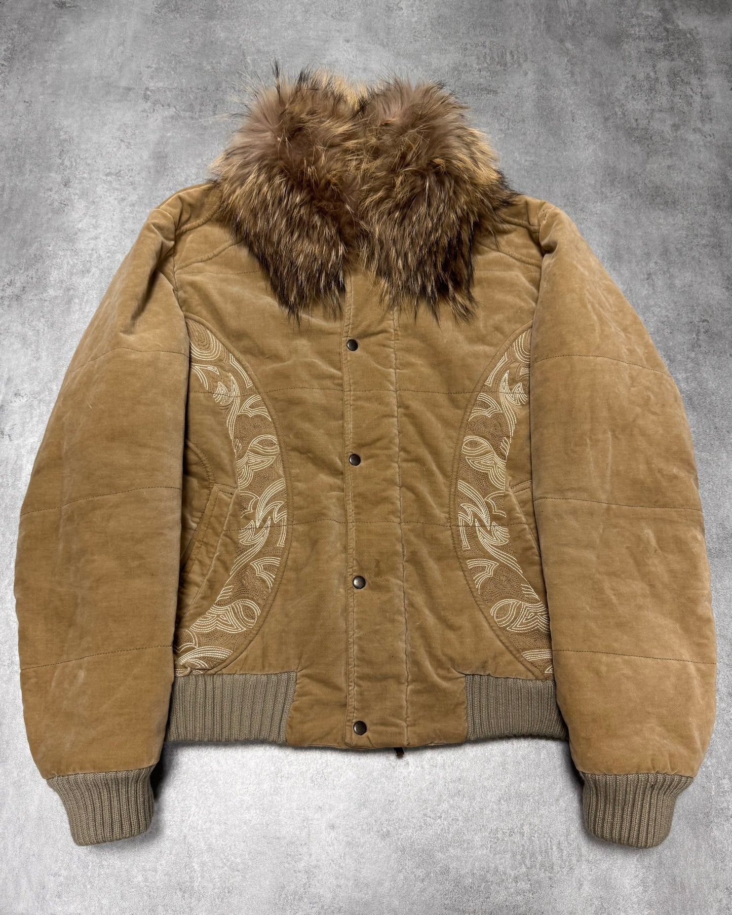 2000s Cavalli Fur Collar Beige Bomber Jacket (L)