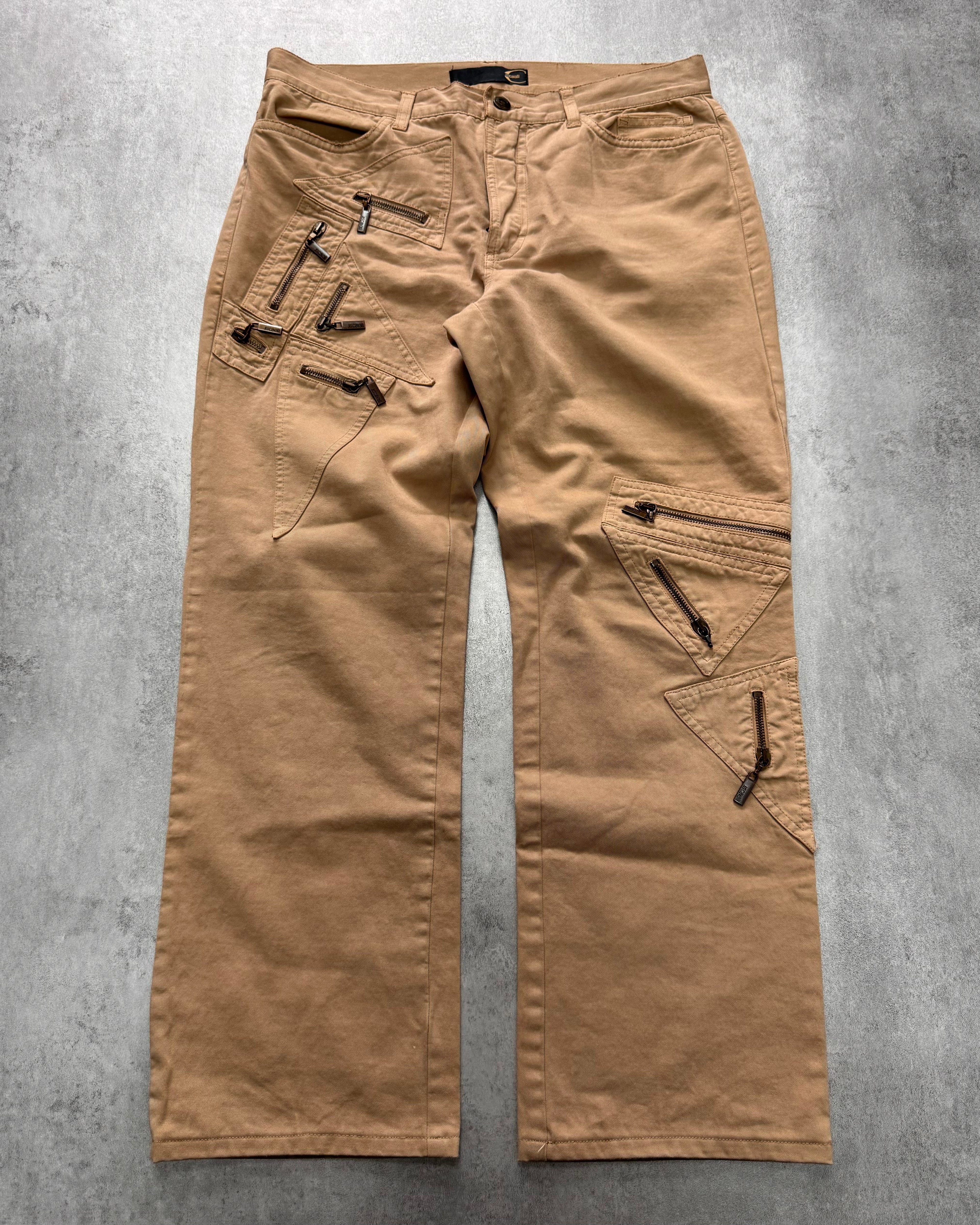 AW2004 Cavalli Geometrical Triangle Zipped Pockets Beige Pants