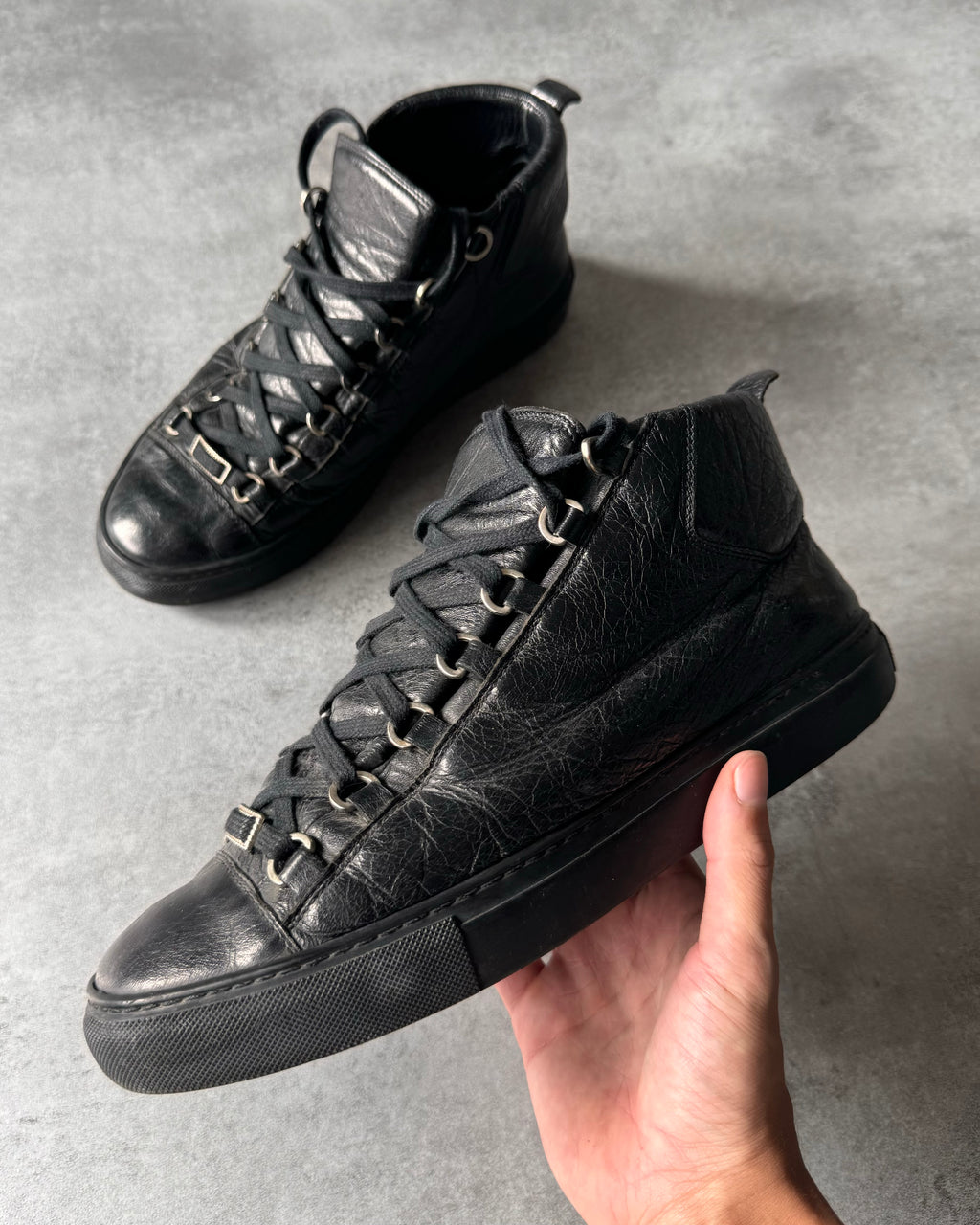 Balenciaga Arena High Black Cracked Leather Sneakers