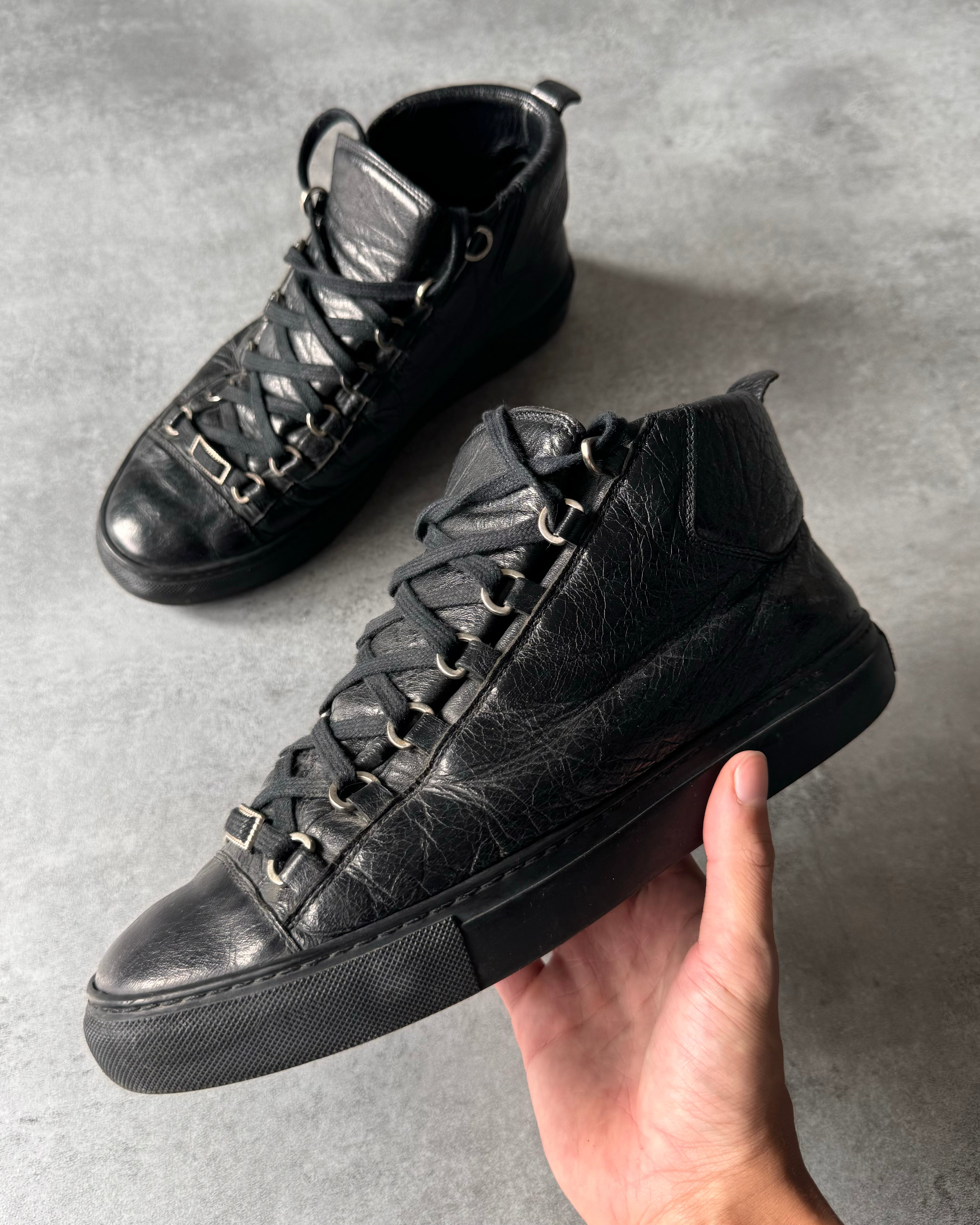 Balenciaga Arena High Black Cracked Leather Sneakers