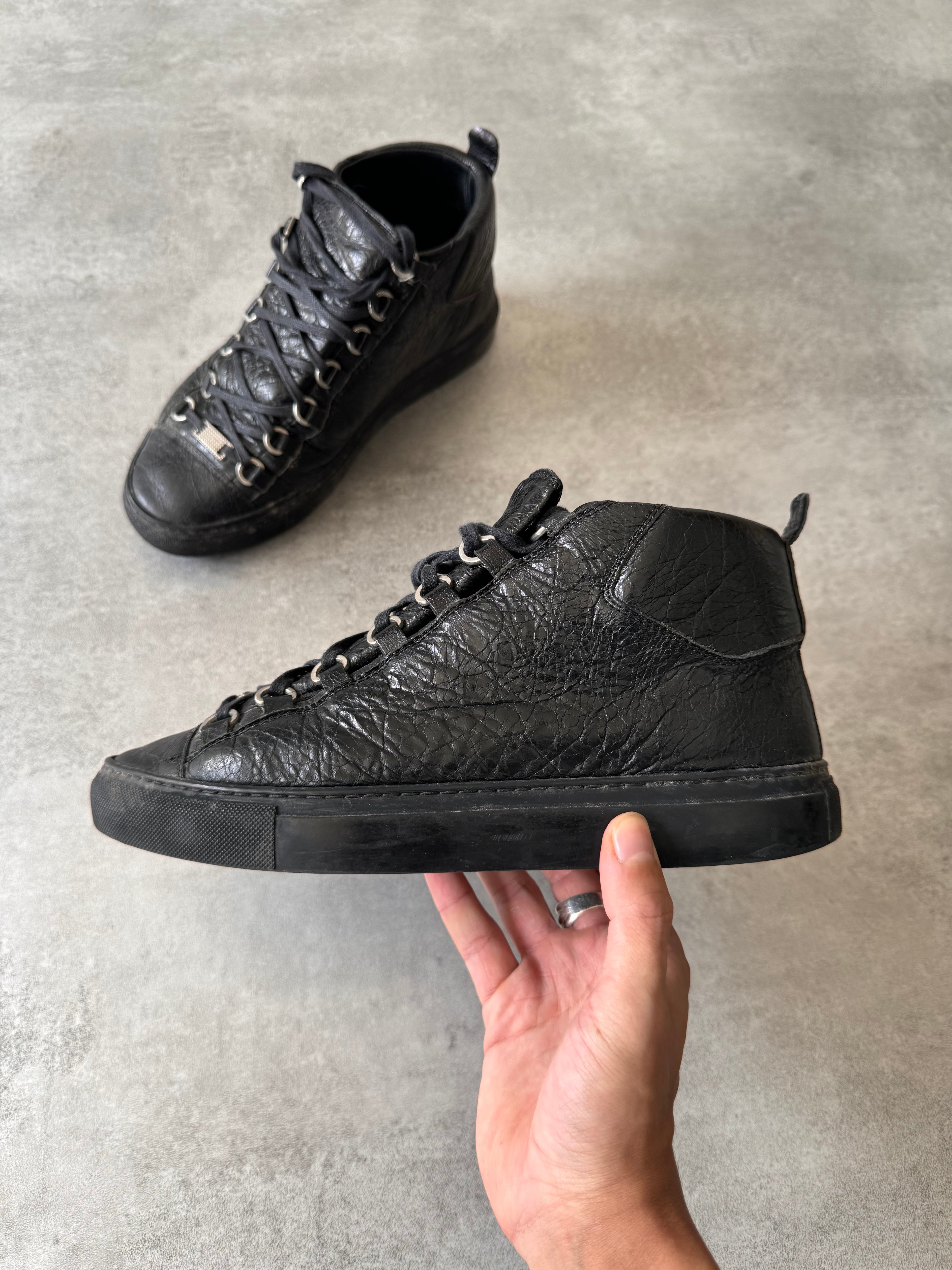Balenciaga Arena High Black Cracked Leather Sneakers