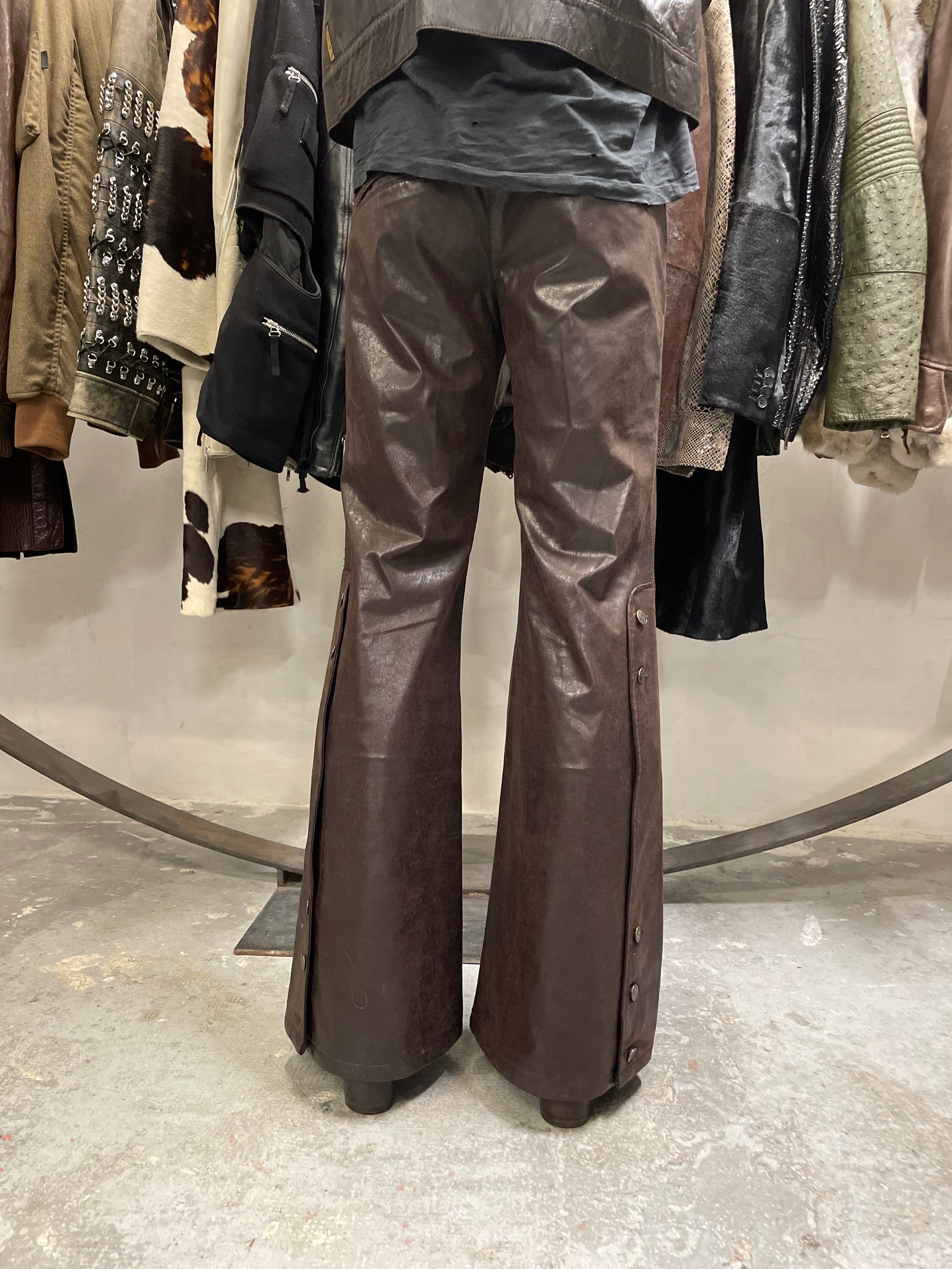 2000s Armani Brown Eco Leather Buttoned Pants